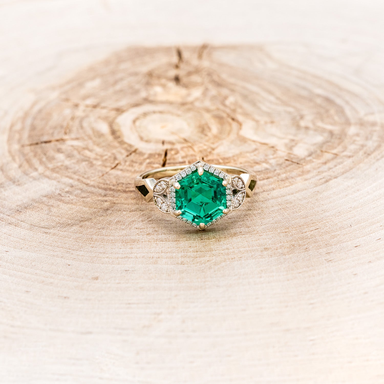 "LUCY IN THE SKY" - HEXAGON LAB GROWN EMERALD ENGAGEMENT RING WITH DIAMOND HALO & MOSS INLAYS-10