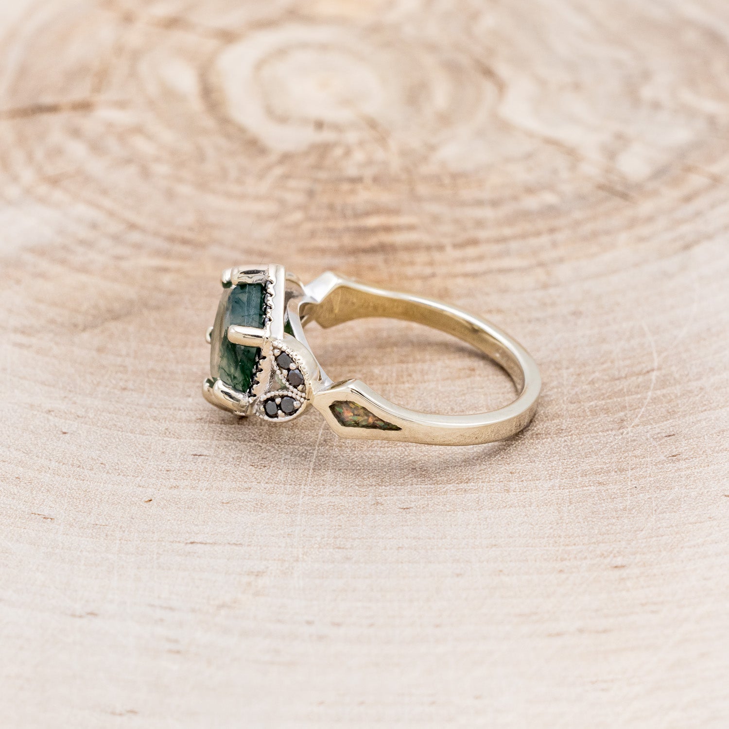 "LUCY IN THE SKY" - HEXAGON MOSS AGATE ENGAGEMENT RING WITH BLACK DIAMOND HALO & MOSS INLAYS - EXPEDITED-3