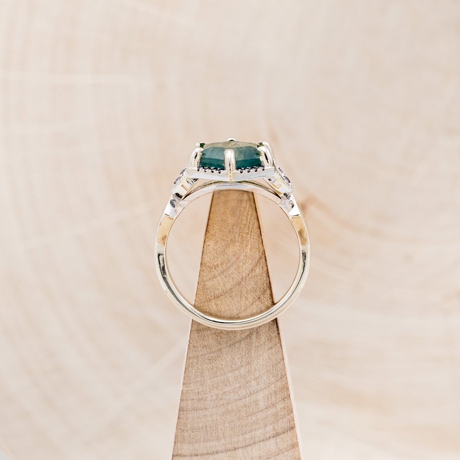 "LUCY IN THE SKY" - HEXAGON MOSS AGATE ENGAGEMENT RING WITH BLACK DIAMOND HALO & FIRE & ICE OPAL INLAYS-6