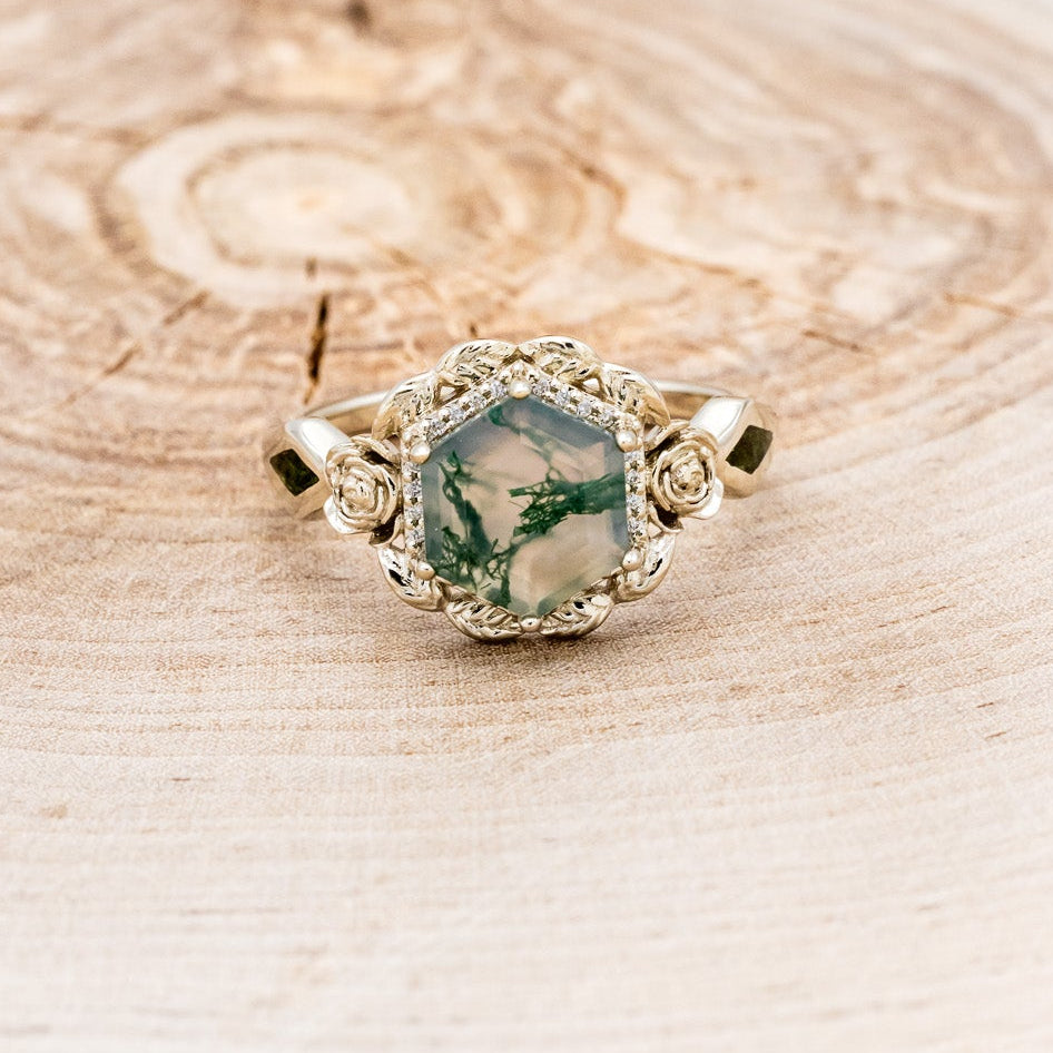 "LUCY IN THE SKY" - HEXAGON MOSS AGATE ENGAGEMENT RING WITH DIAMOND HALO, MOSS INLAYS & ROSEBUD ACCENTS-4