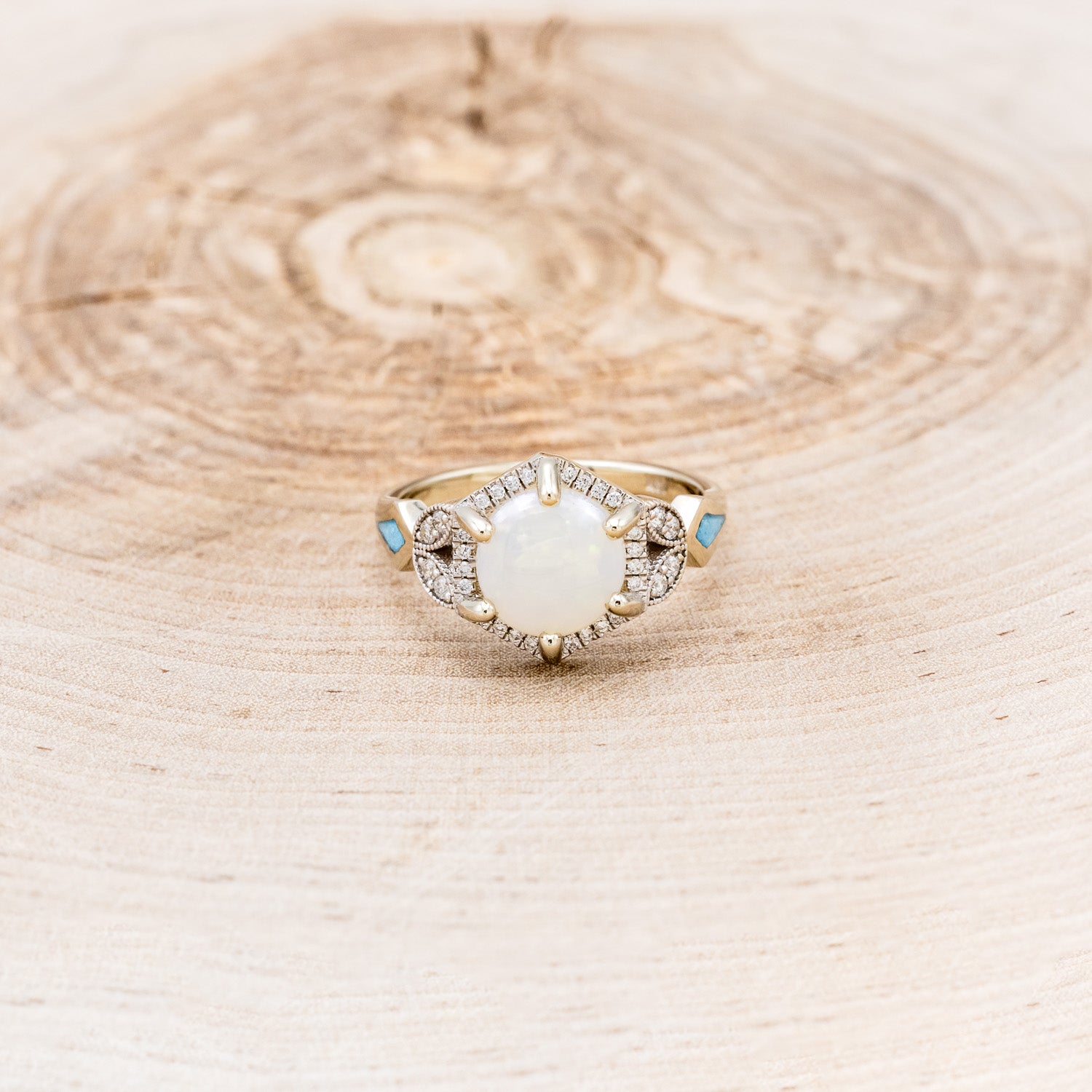 "LUCY IN THE SKY" - ROUND CUT WHITE OPAL ENGAGEMENT RING WITH DIAMOND ACCENTS & TURQUOISE INLAYS-10