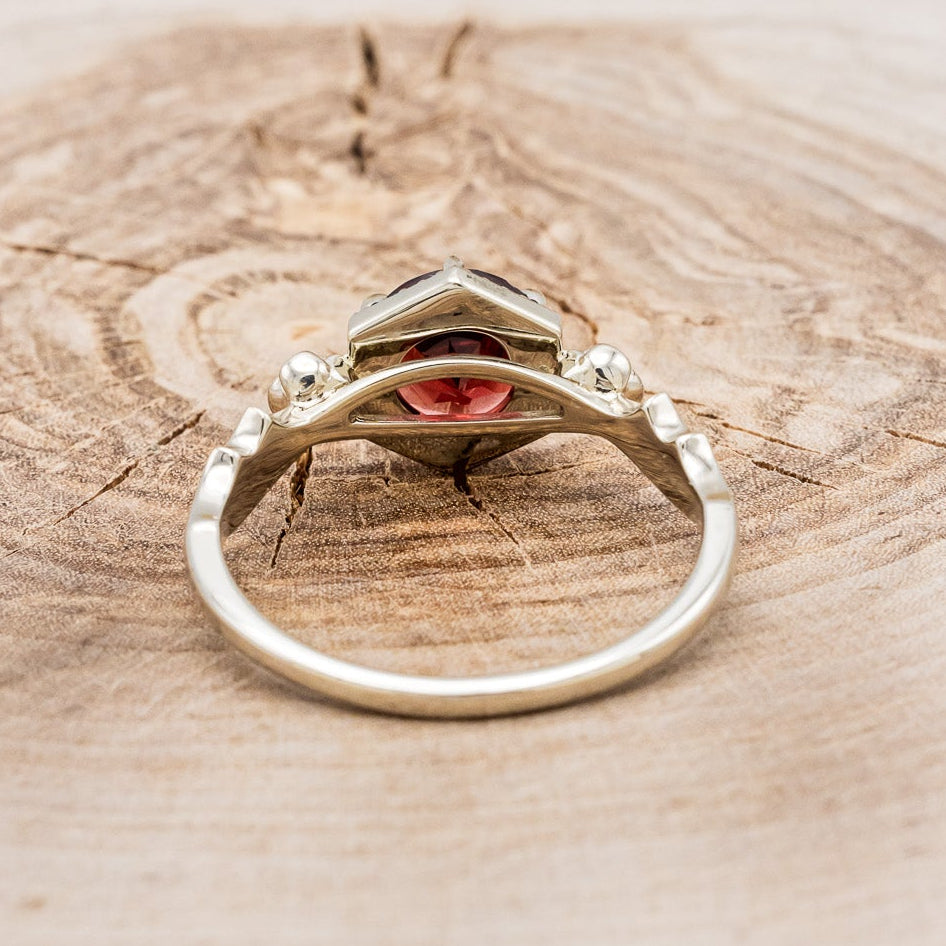 "LUCY IN THE SKY" - ROUND CUT GARNET ENGAGEMENT RING WITH A BLACK DIAMOND HALO, METAL ROSE ACCENTS & BAT WING SHAPED RED OPAL INLAYS-5