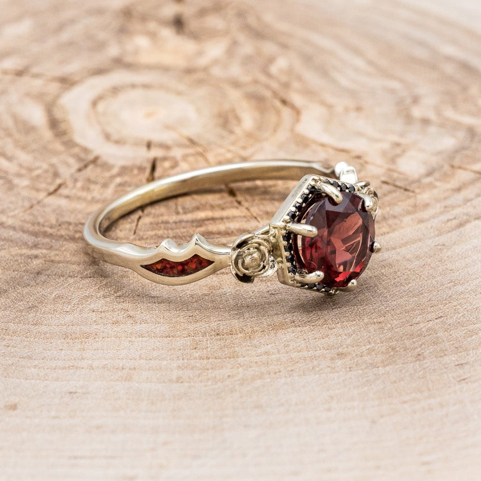 "LUCY IN THE SKY" - ROUND CUT GARNET ENGAGEMENT RING WITH A BLACK DIAMOND HALO, METAL ROSE ACCENTS & BAT WING SHAPED RED OPAL INLAYS-2