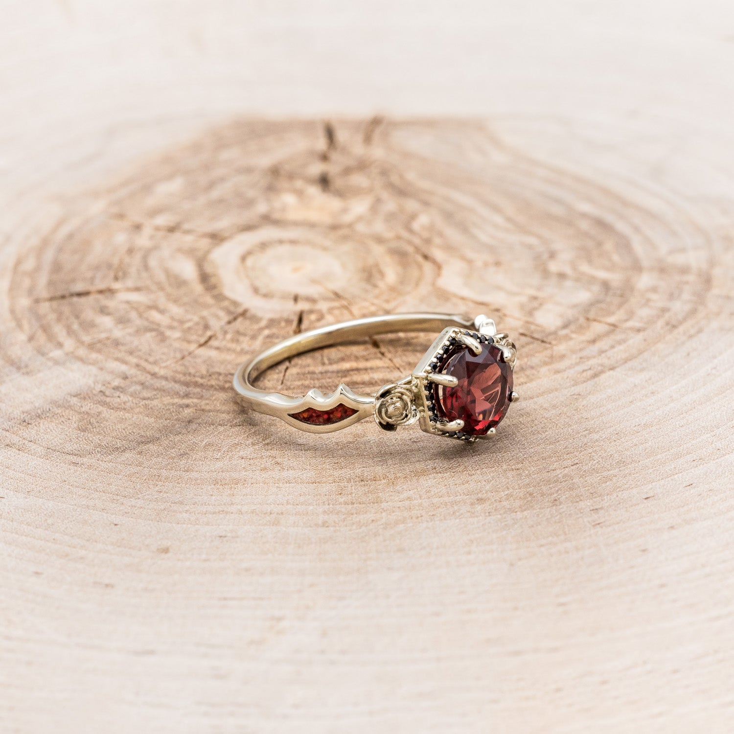 "LUCY IN THE SKY" - ROUND CUT GARNET ENGAGEMENT RING WITH A BLACK DIAMOND HALO, METAL ROSE ACCENTS & BAT WING SHAPED RED OPAL INLAYS-2