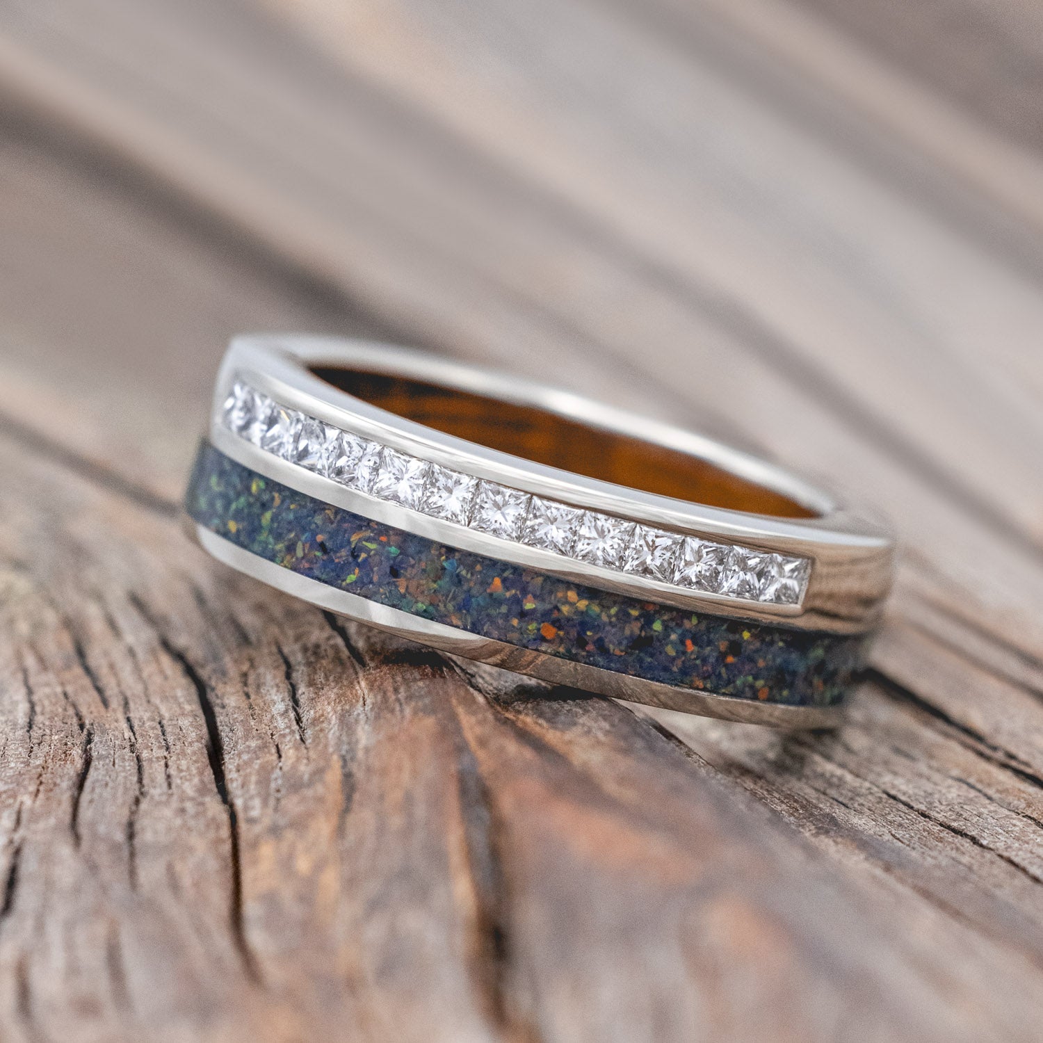 "MEMPHIS" - DIAMONDS & BLACK FIRE OPAL WEDDING BAND FEATURING A WHISKEY BARREL LINED 14K GOLD BAND-Staghead Designs