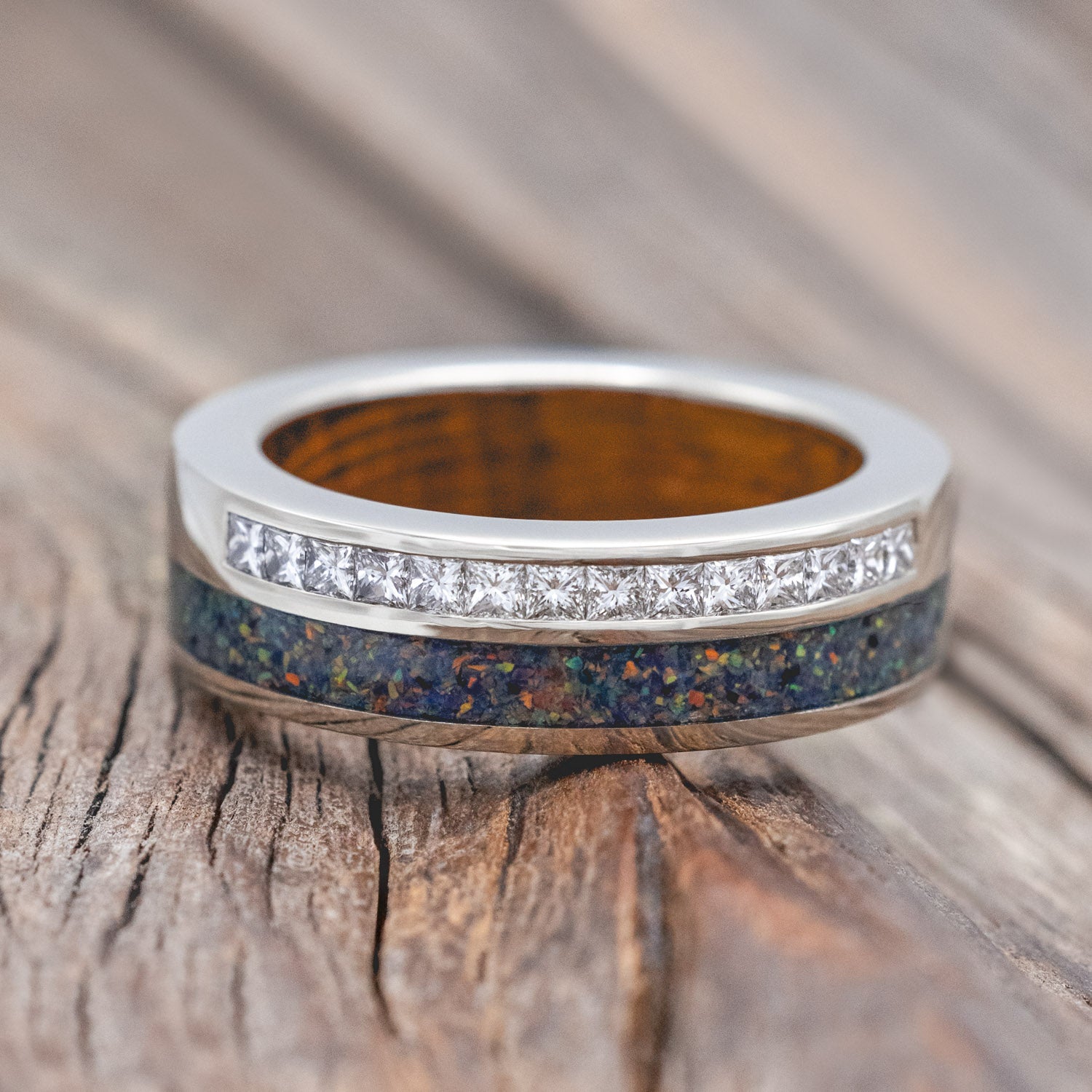 "MEMPHIS" - DIAMONDS & BLACK FIRE OPAL WEDDING BAND FEATURING A WHISKEY BARREL LINED 14K GOLD BAND-Staghead Designs