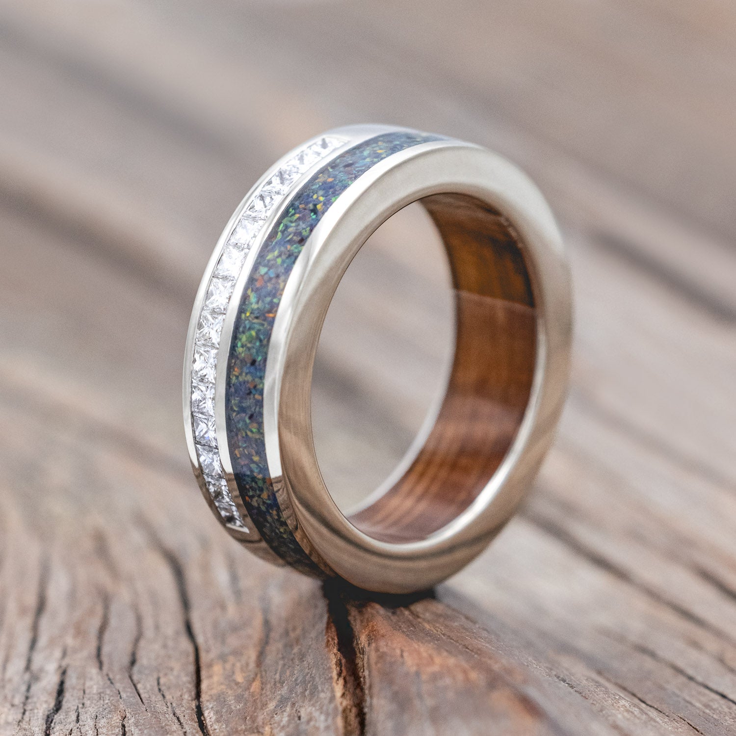 "MEMPHIS" - DIAMONDS & BLACK FIRE OPAL WEDDING BAND FEATURING A WHISKEY BARREL LINED 14K GOLD BAND-Staghead Designs
