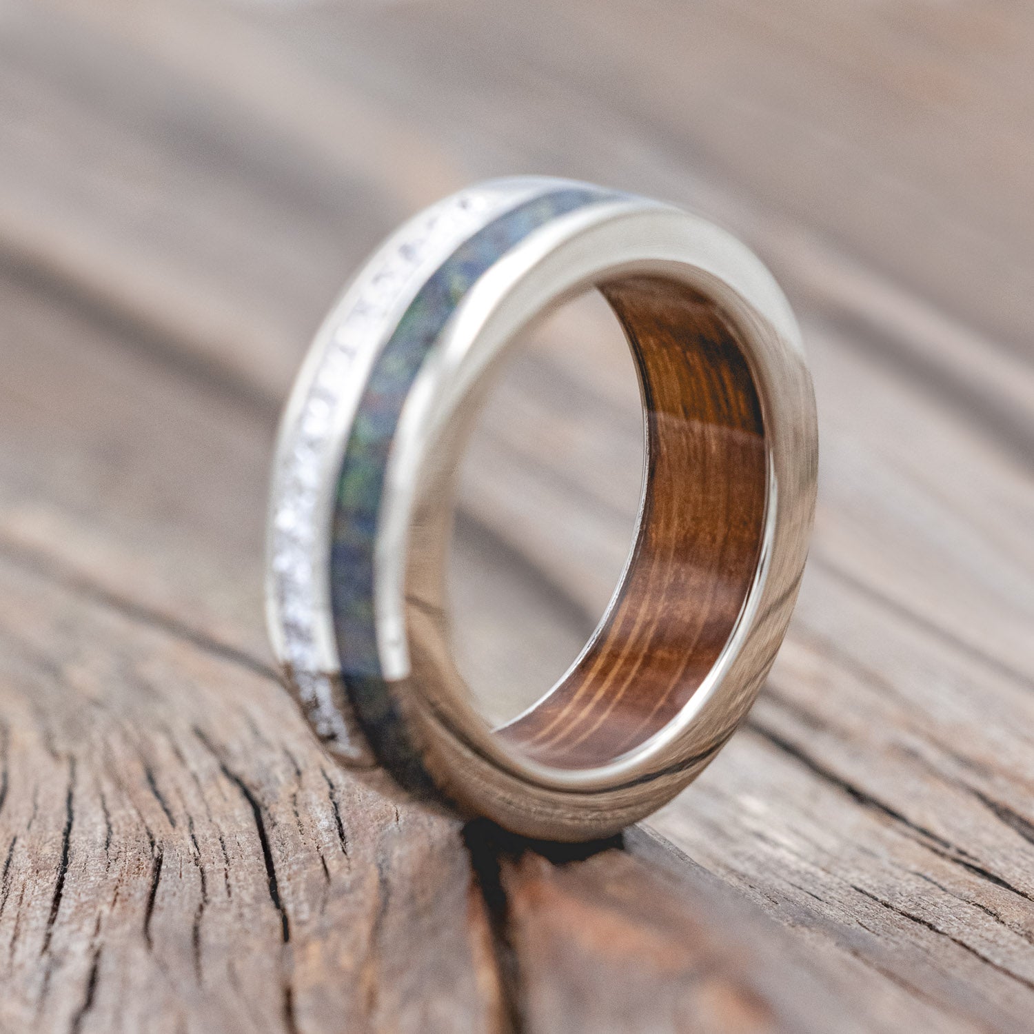 "MEMPHIS" - DIAMONDS & BLACK FIRE OPAL WEDDING BAND FEATURING A WHISKEY BARREL LINED 14K GOLD BAND-Staghead Designs