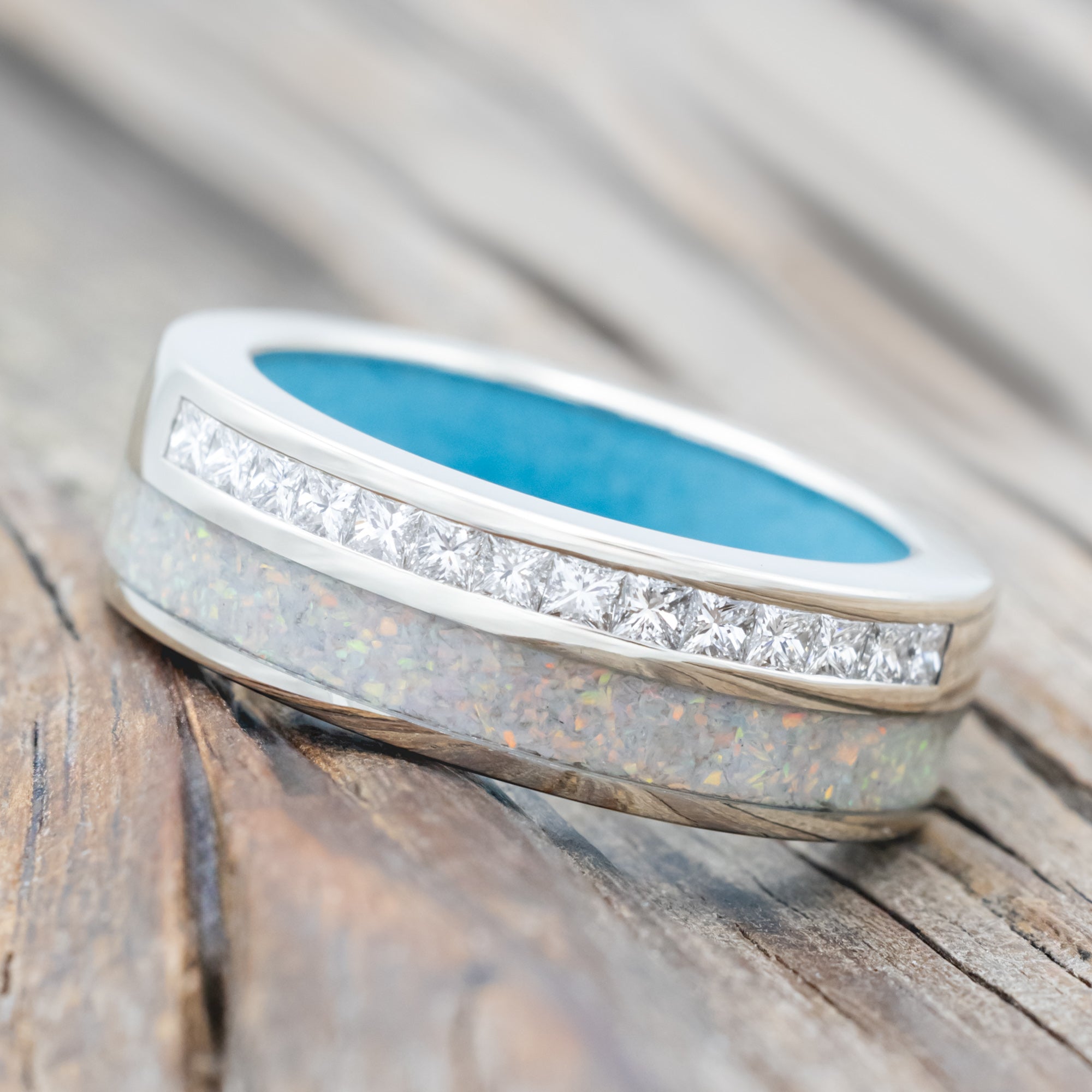 "MEMPHIS" - DIAMONDS & FIRE AND ICE OPAL WEDDING BAND FEATURING A TURQUOISE LINED 14K GOLD BAND-Staghead Designs