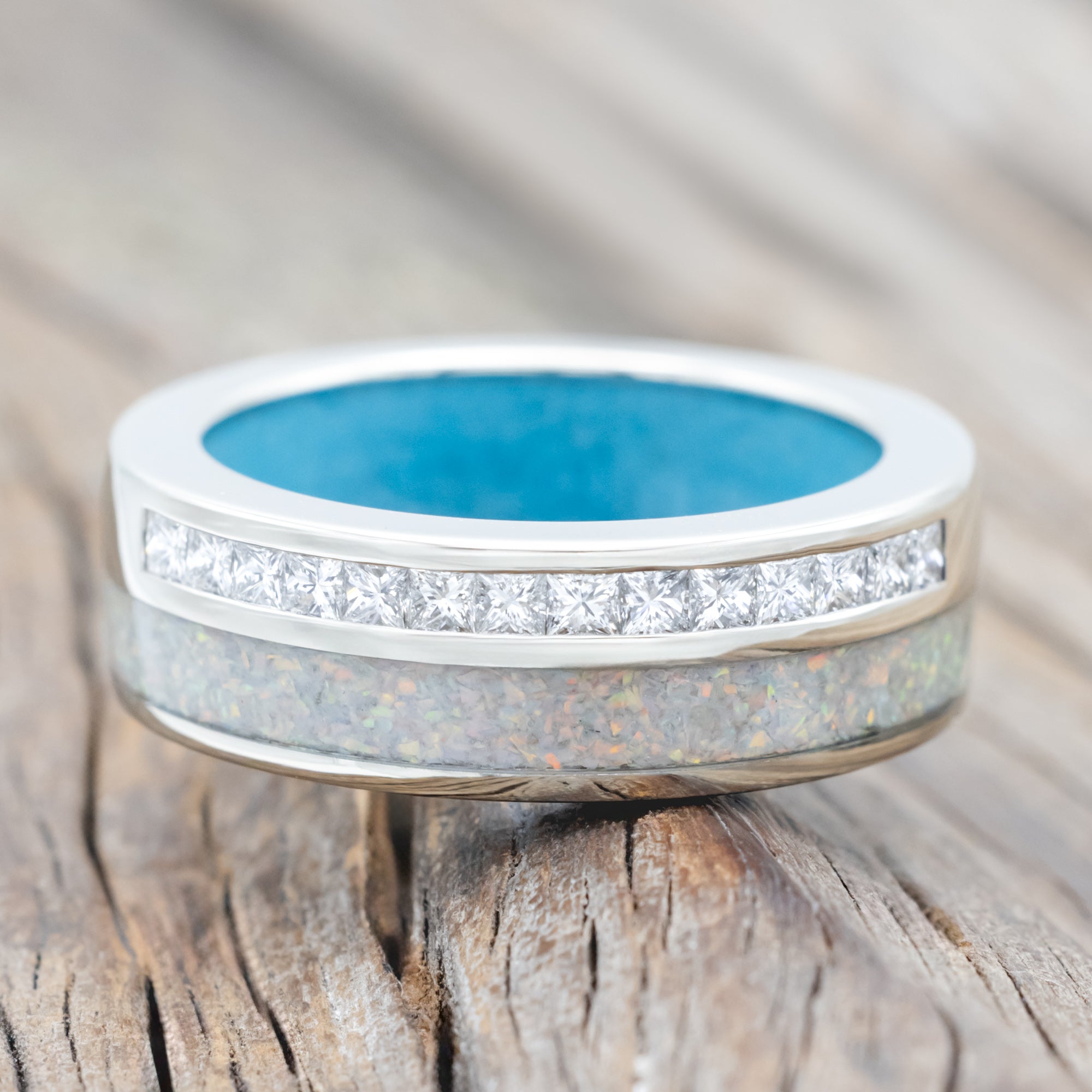 "MEMPHIS" - DIAMONDS & FIRE AND ICE OPAL WEDDING BAND FEATURING A TURQUOISE LINED 14K GOLD BAND-Staghead Designs