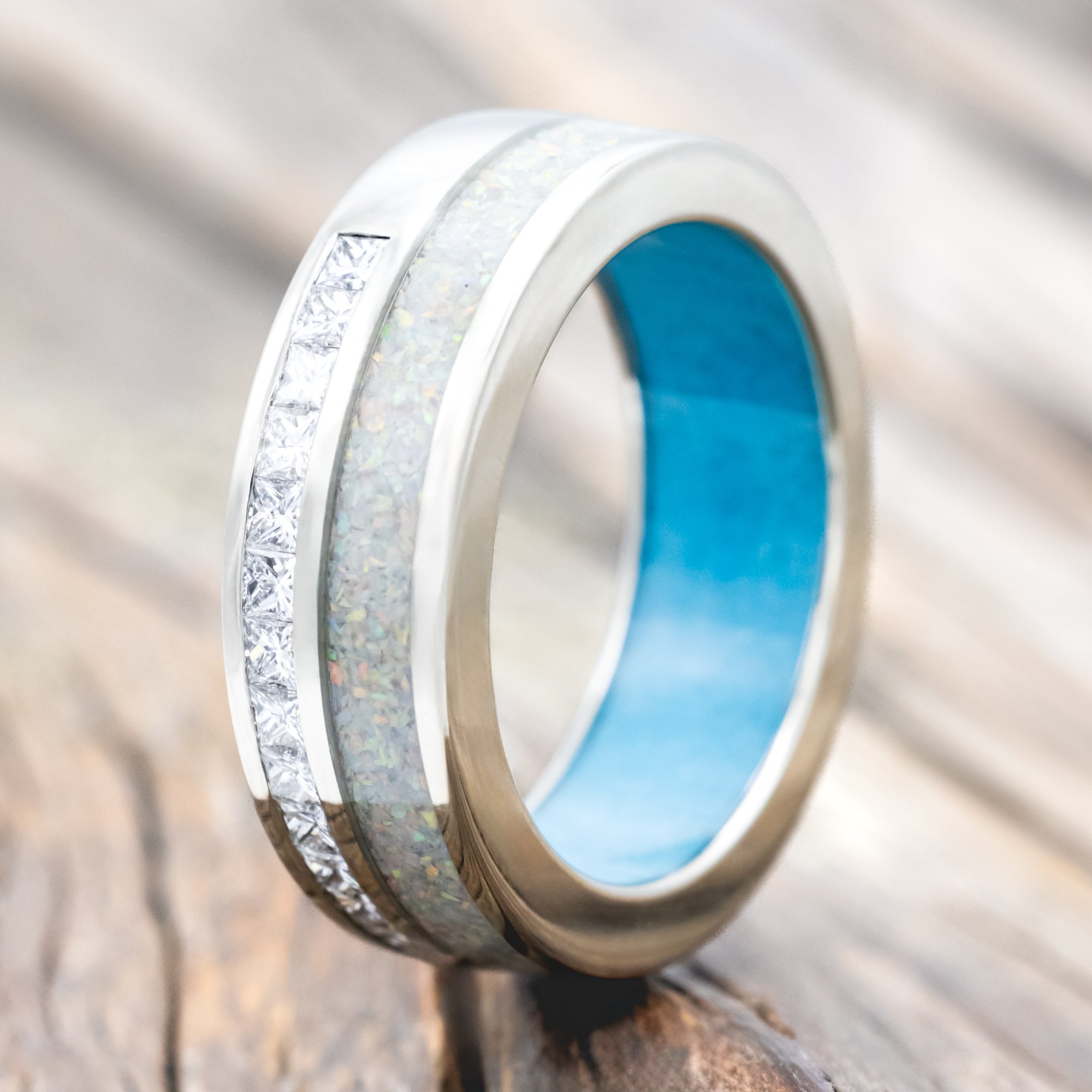 "MEMPHIS" - DIAMONDS & FIRE AND ICE OPAL WEDDING BAND FEATURING A TURQUOISE LINED 14K GOLD BAND-Staghead Designs