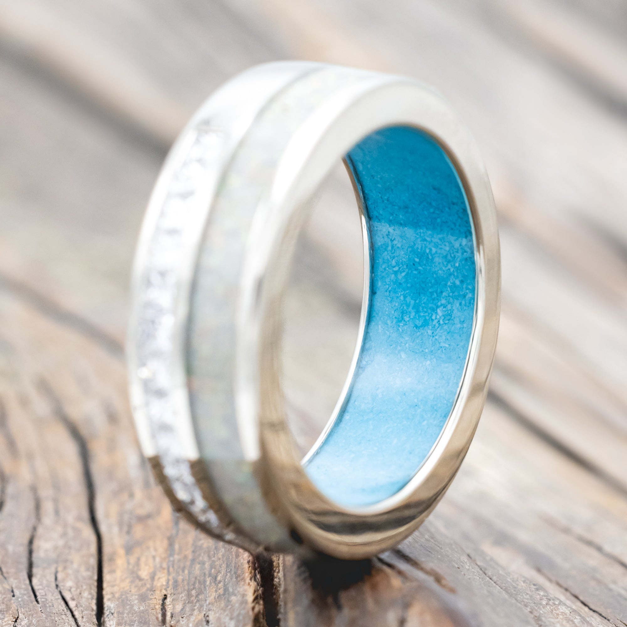 "MEMPHIS" - DIAMONDS & FIRE AND ICE OPAL WEDDING BAND FEATURING A TURQUOISE LINED 14K GOLD BAND-Staghead Designs