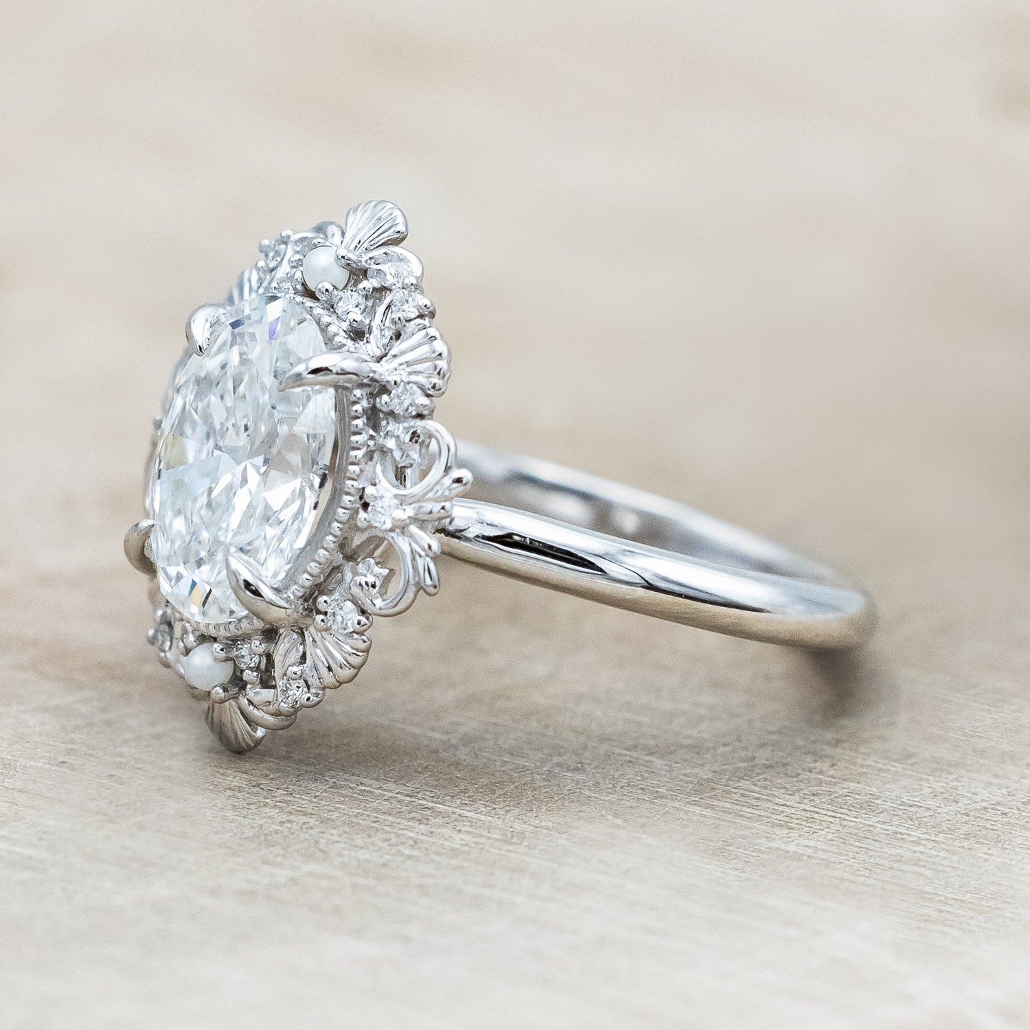 "MERROW" - OVAL CUT LAB-GROWN DIAMOND ENGAGEMENT RING WITH DIAMOND & PEARL ACCENTS-Staghead Designs