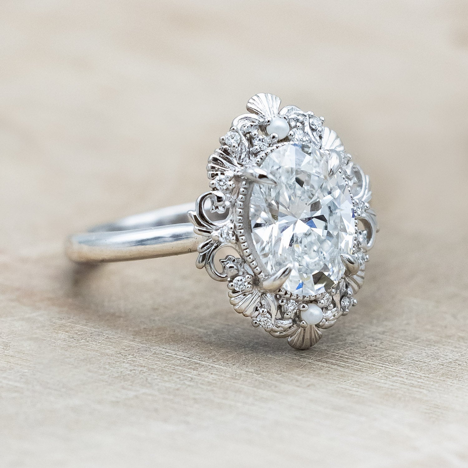 "MERROW" - OVAL CUT LAB-GROWN DIAMOND ENGAGEMENT RING WITH DIAMOND & PEARL ACCENTS-Staghead Designs