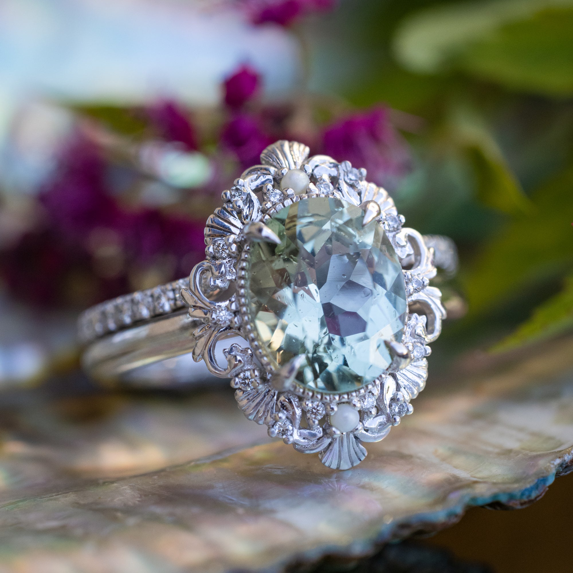 "Merrow" - Oval Cut Prasiolite Engagement Ring With Pearl Accents And Diamond Tracer-Staghead Designs