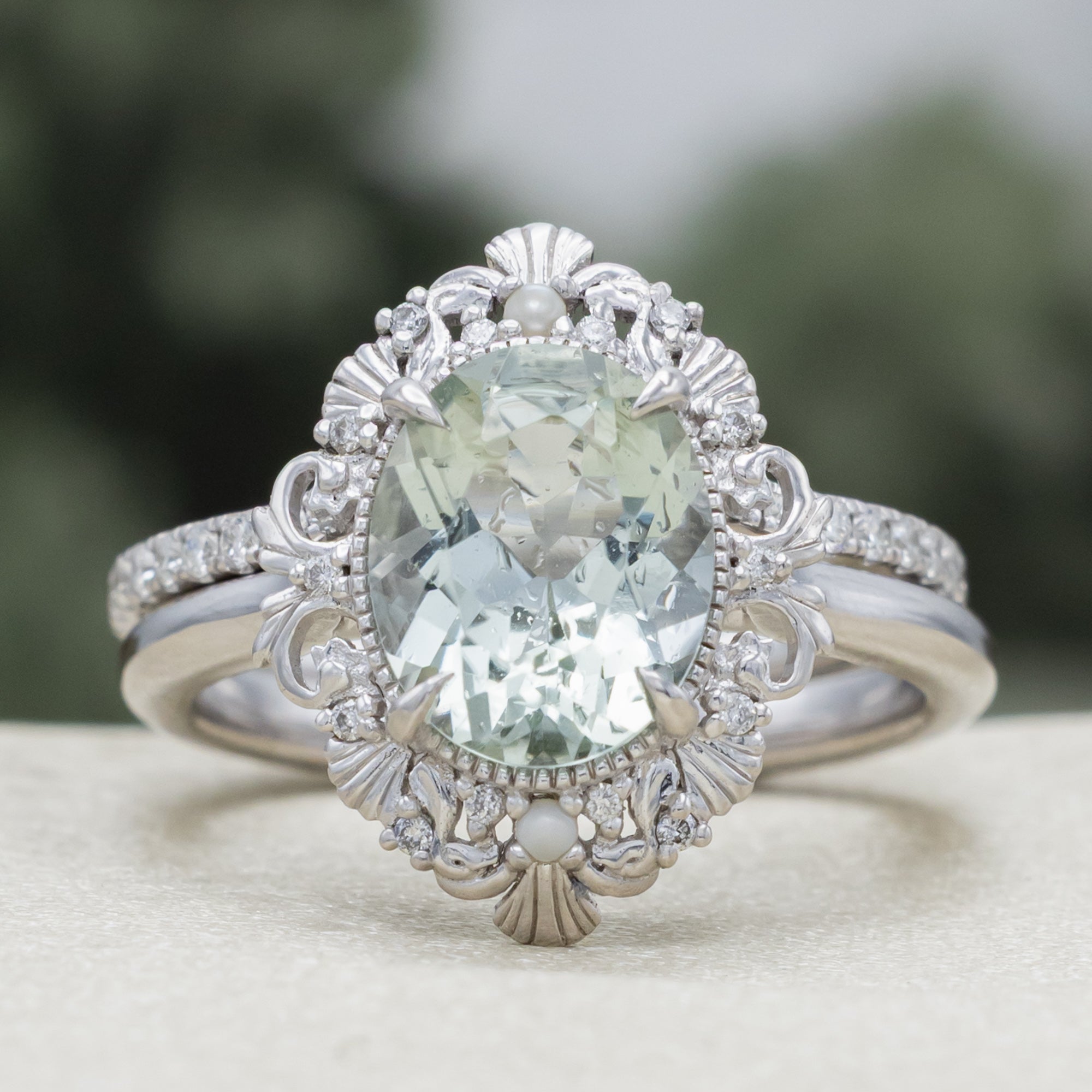"Merrow" - Oval Cut Prasiolite Engagement Ring With Pearl Accents And Diamond Tracer-Staghead Designs