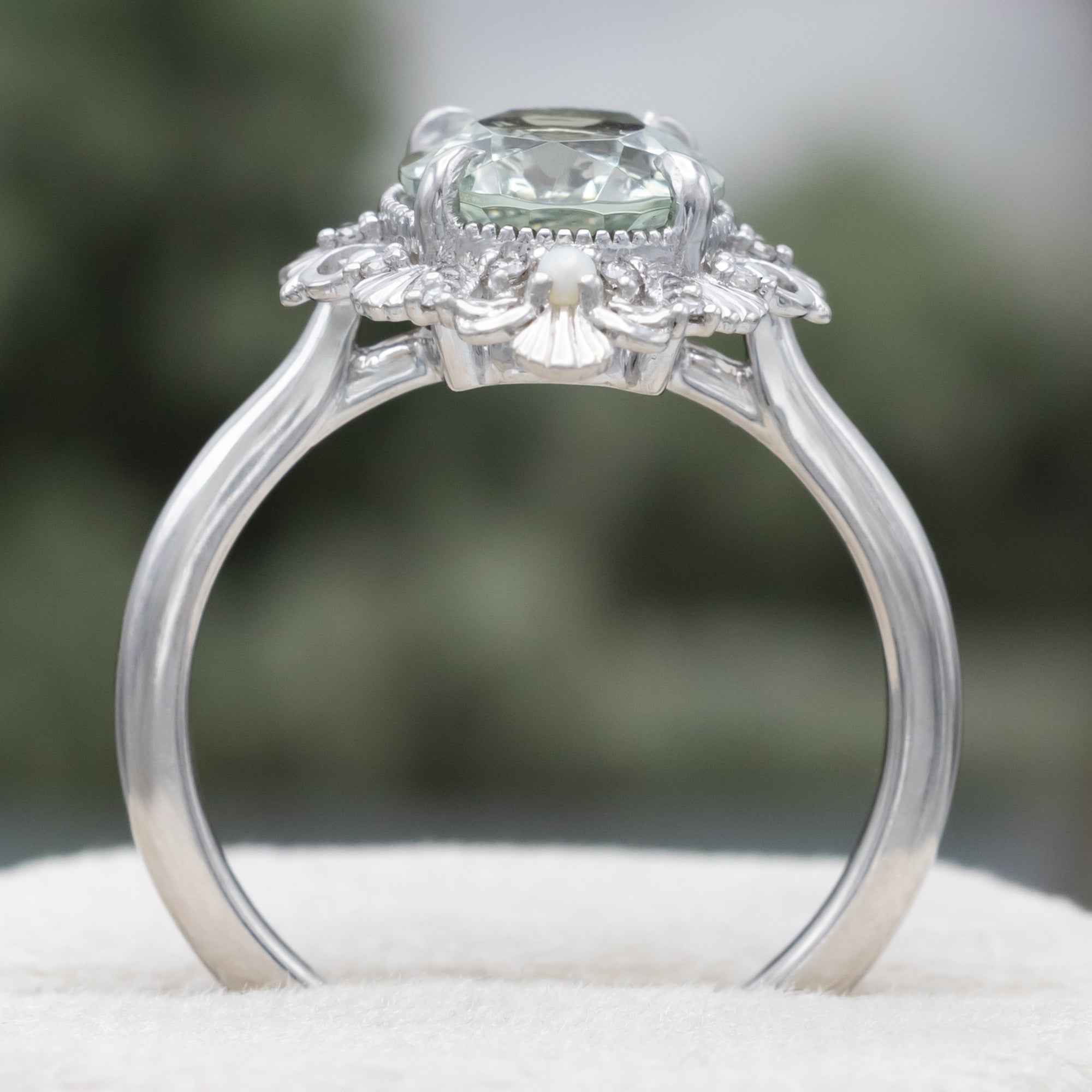 "Merrow" - Oval Cut Prasiolite Engagement Ring With Pearl Accents And Diamond Tracer-Staghead Designs
