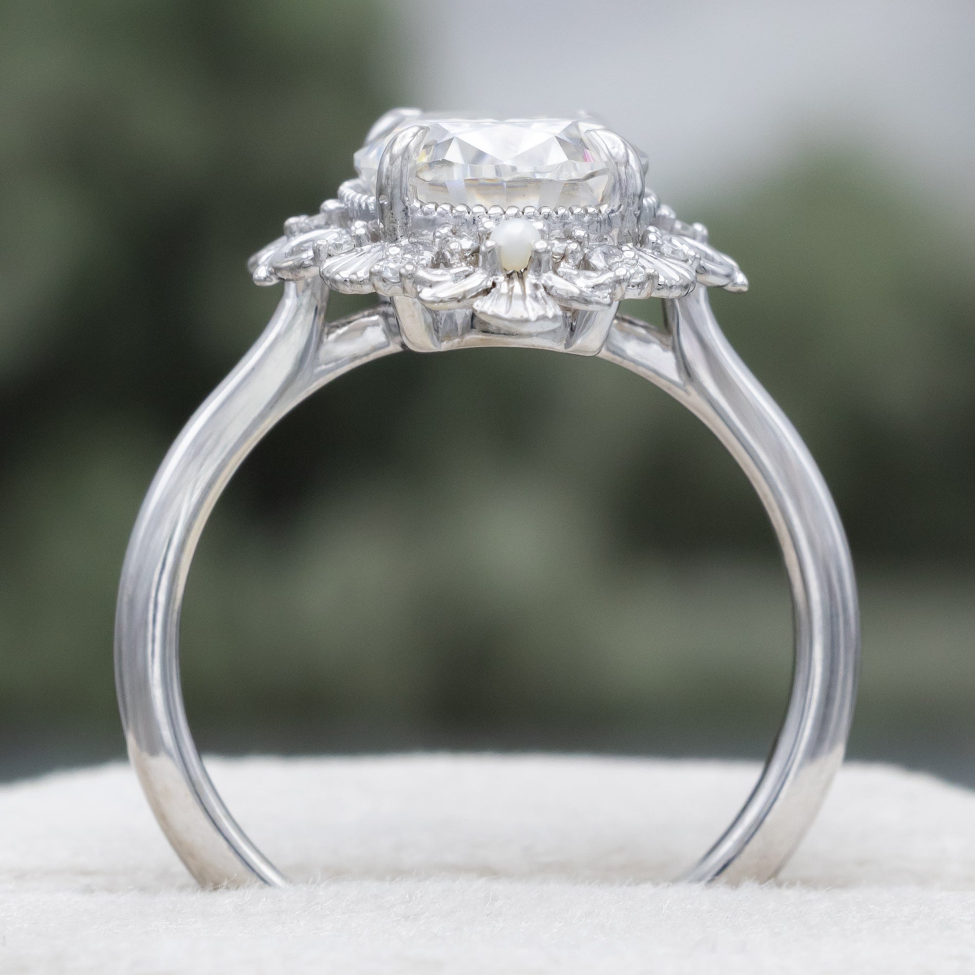 "Merrow" - Moissanite Engagement Ring With Pearl Accents And Diamond Tracer-Staghead Designs