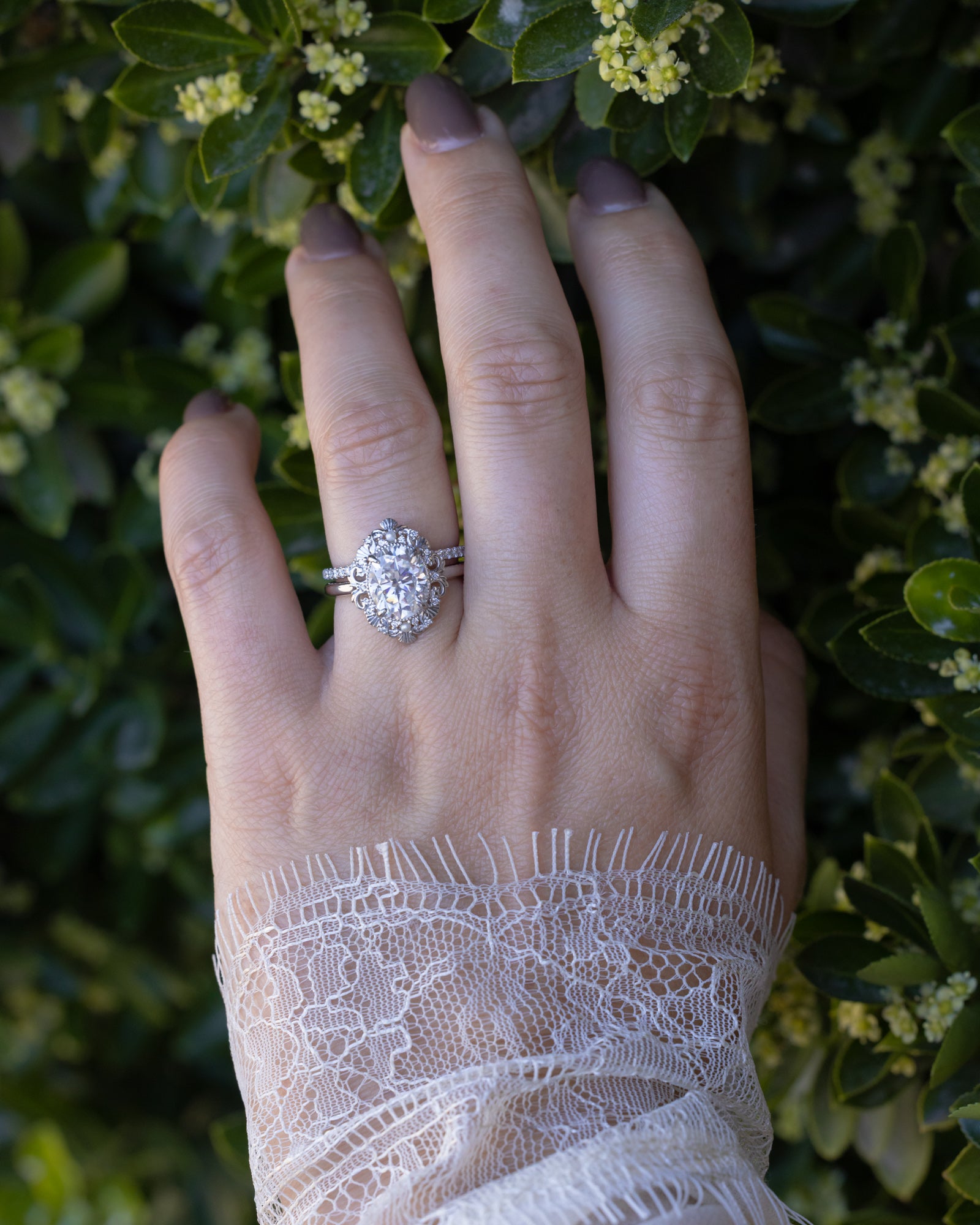 "Merrow" - Moissanite Engagement Ring With Pearl Accents And Diamond Tracer-Staghead Designs