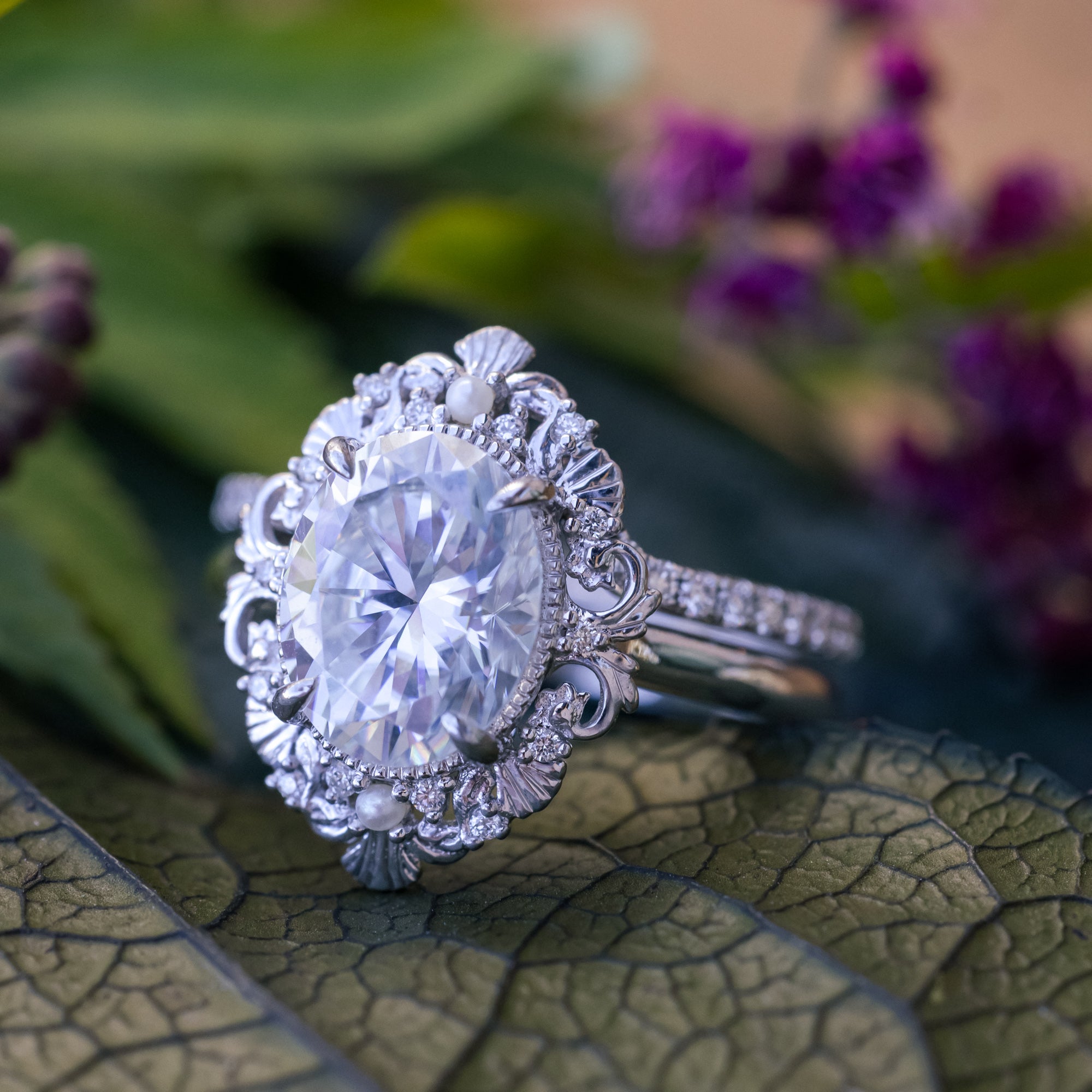 "Merrow" - Moissanite Engagement Ring With Pearl Accents And Diamond Tracer-Staghead Designs