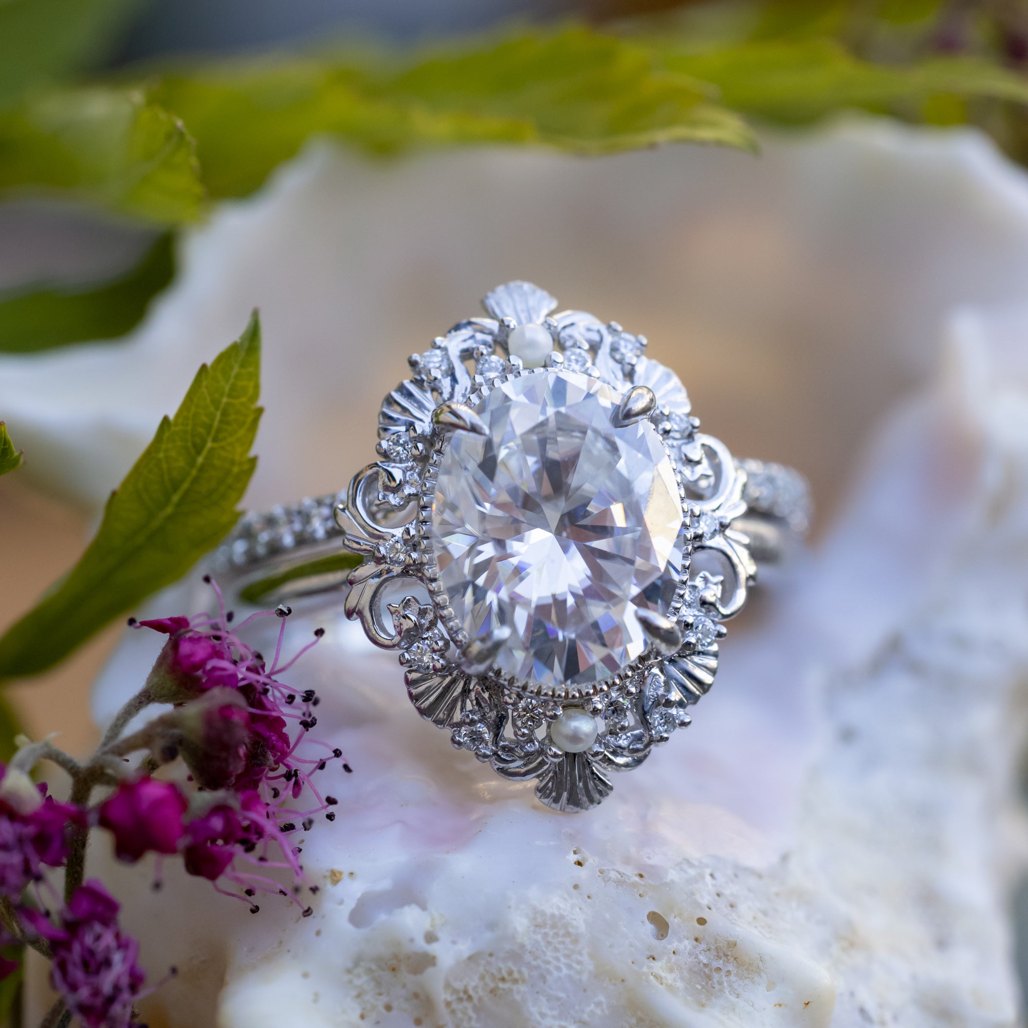 "Merrow" - Moissanite Engagement Ring With Pearl Accents And Diamond Tracer-Staghead Designs