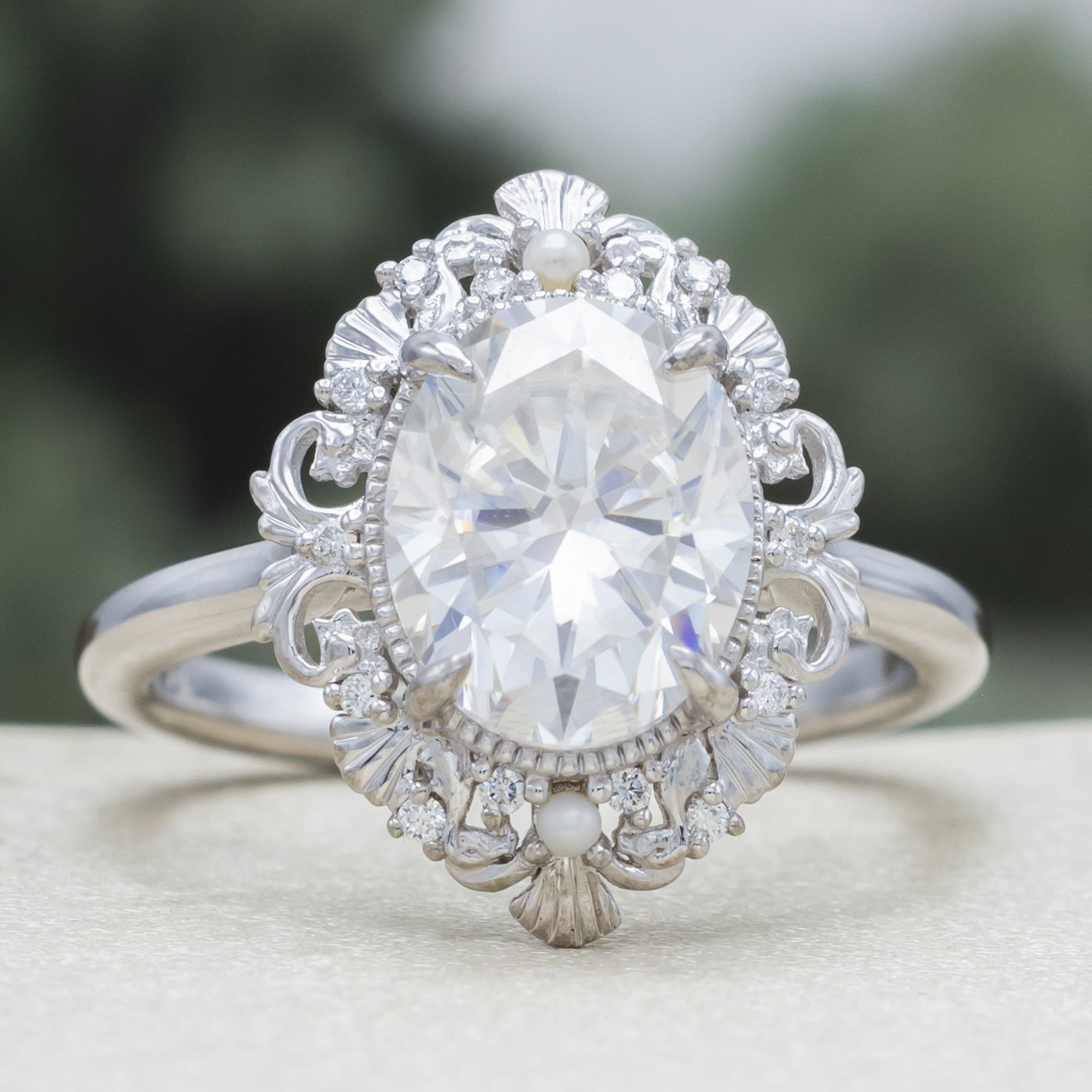 "Merrow" - Moissanite Engagement Ring With Pearl Accents And Diamond Tracer-Staghead Designs