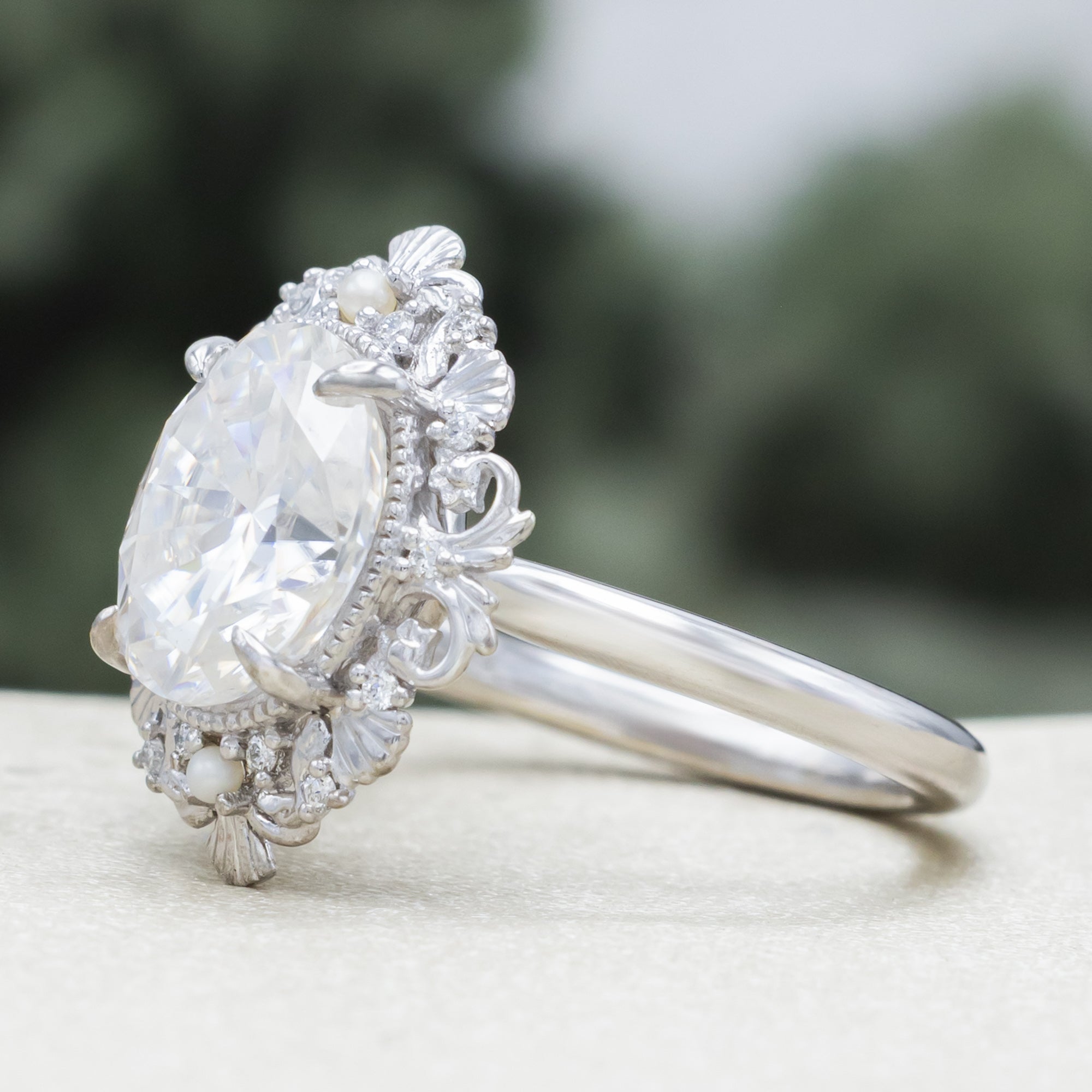 "Merrow" - Moissanite Engagement Ring With Pearl Accents And Diamond Tracer-Staghead Designs