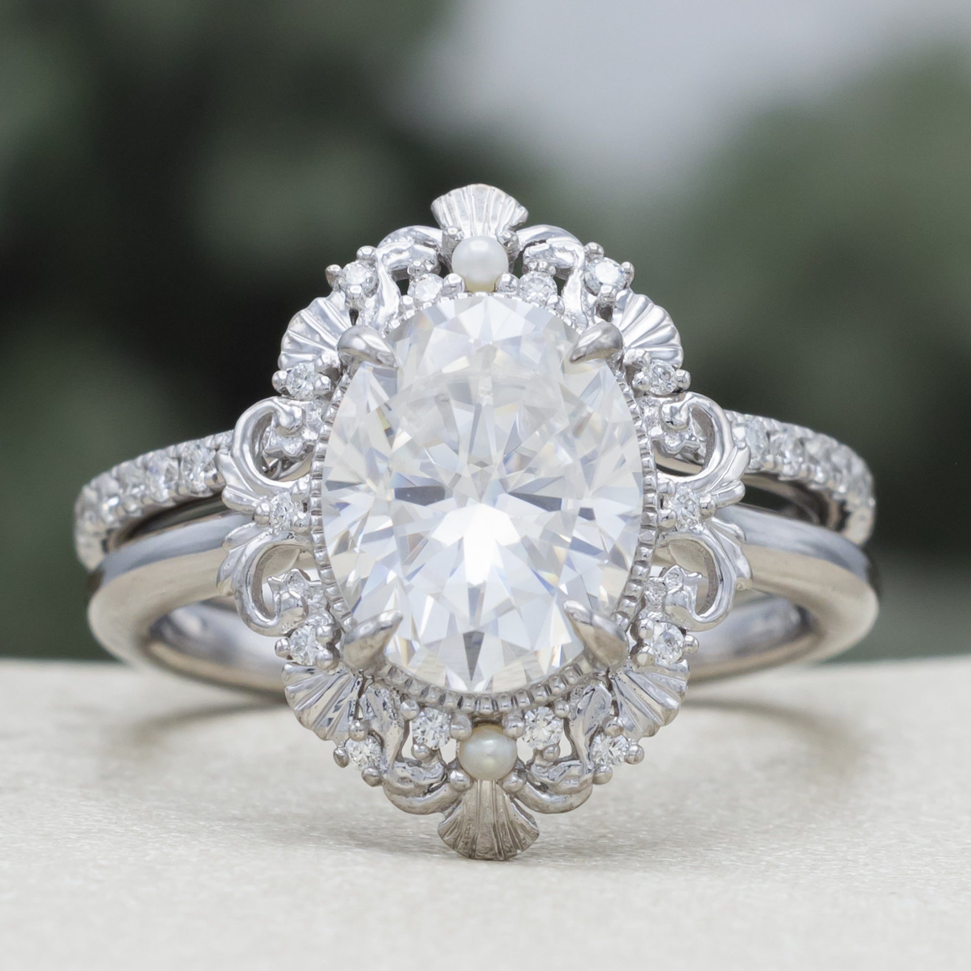 "Merrow" - Moissanite Engagement Ring With Pearl Accents And Diamond Tracer-Staghead Designs