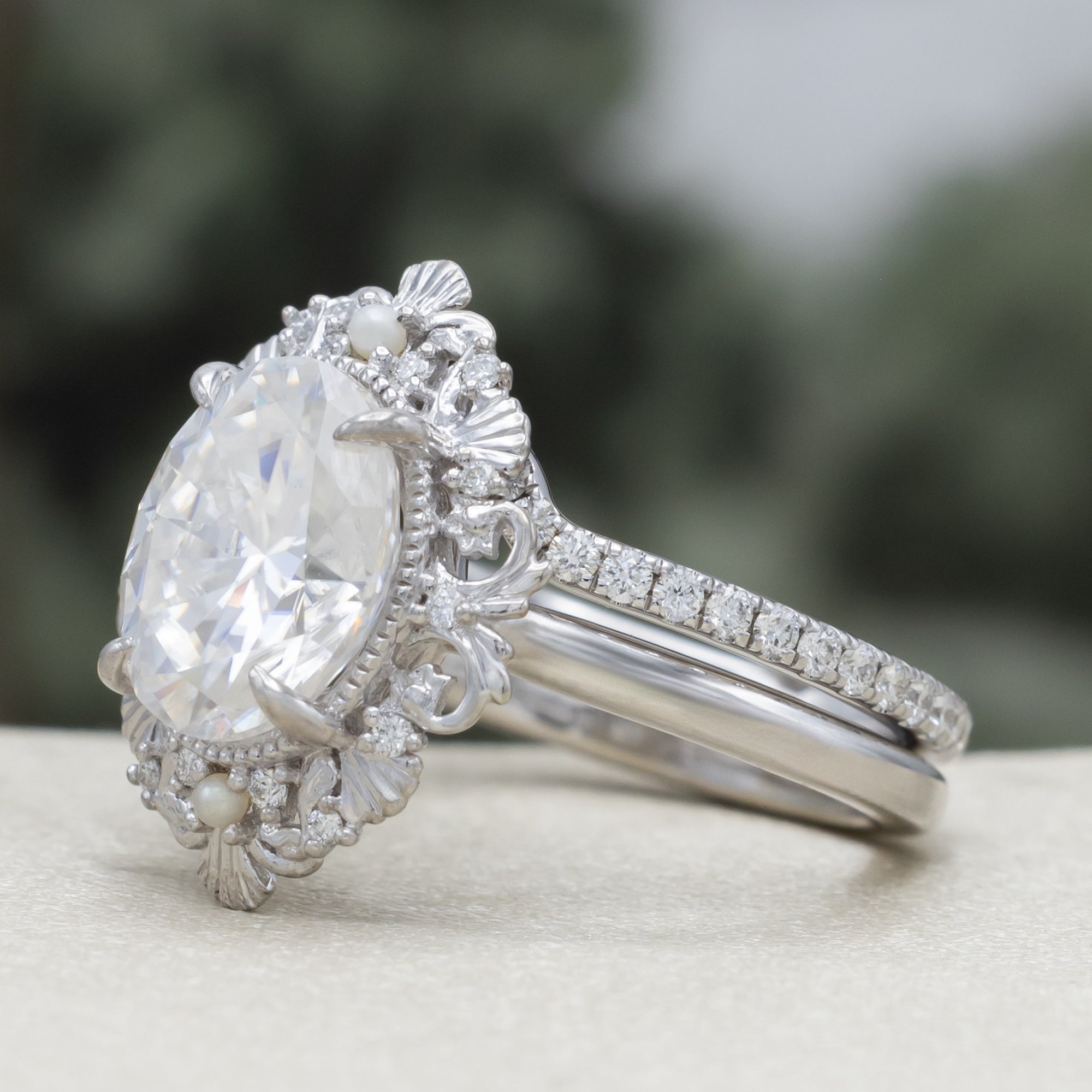 "Merrow" - Moissanite Engagement Ring With Pearl Accents And Diamond Tracer-Staghead Designs