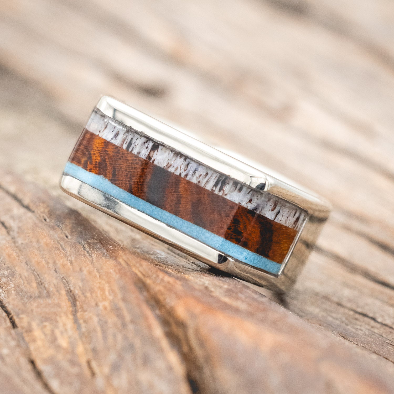 "MESA" - TURQUOISE, IRONWOOD & ANTLER WITH A SIDE SET DIAMOND WEDDING BAND-Staghead Designs