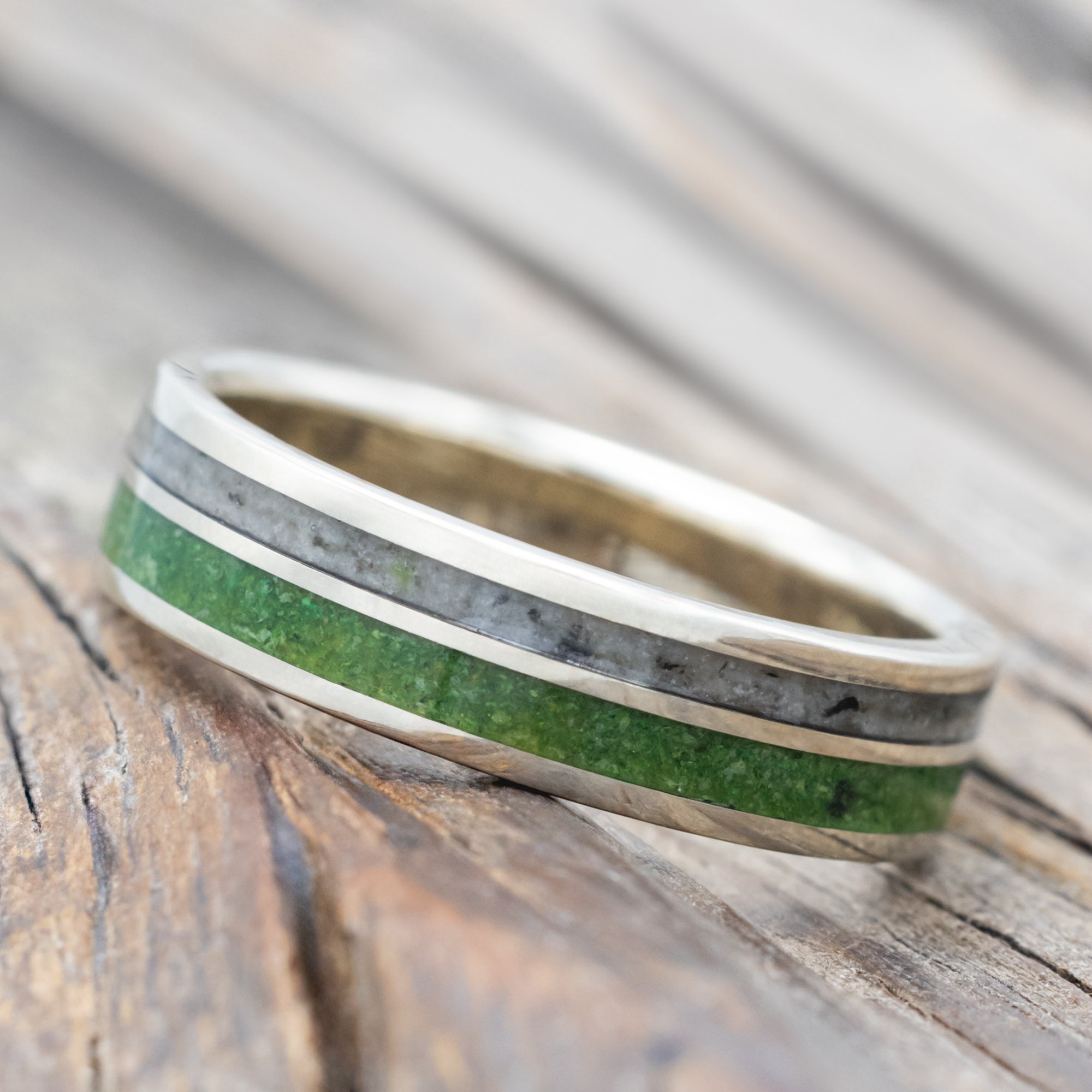 "RAPTOR" - MOSS WITH MOLDAVITE & MOONSTONE MIX WEDDING BAND-Staghead Designs