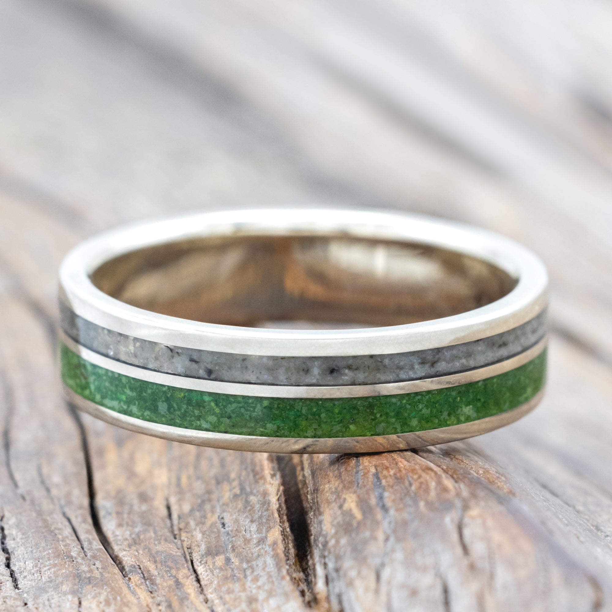 "RAPTOR" - MOSS WITH MOLDAVITE & MOONSTONE MIX WEDDING BAND-Staghead Designs