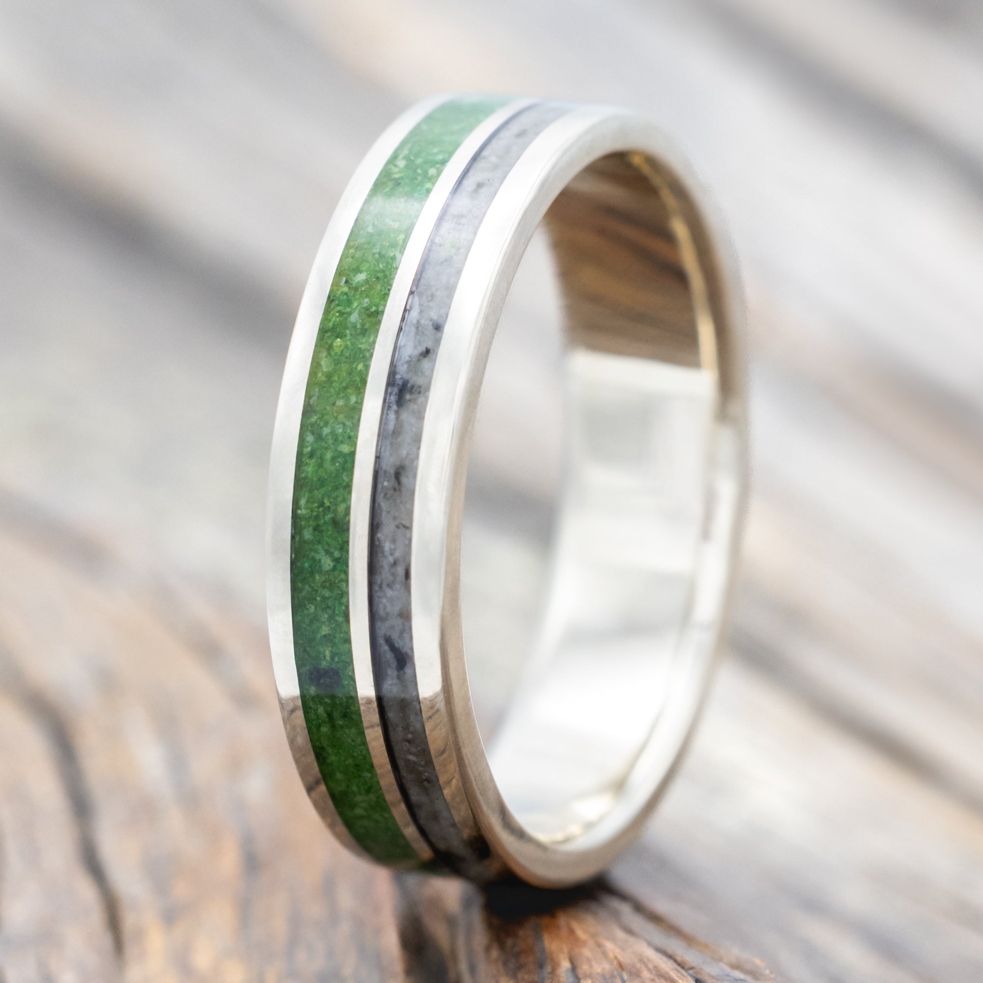 "RAPTOR" - MOSS WITH MOLDAVITE & MOONSTONE MIX WEDDING BAND-Staghead Designs
