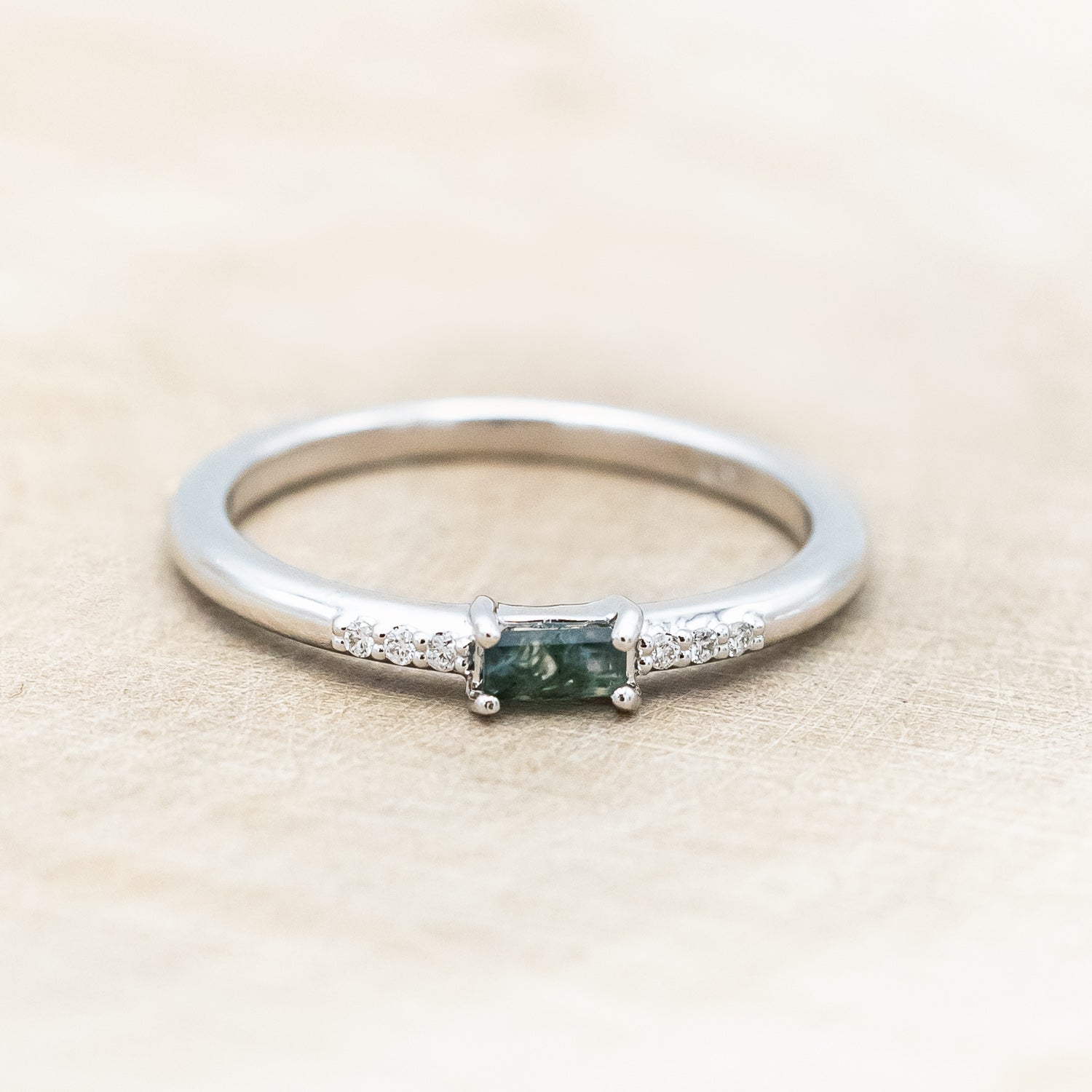 "NATALIA" - BAGUETTE-CUT MOSS AGATE STACKER WITH DIAMOND ACCENTS-Staghead Designs