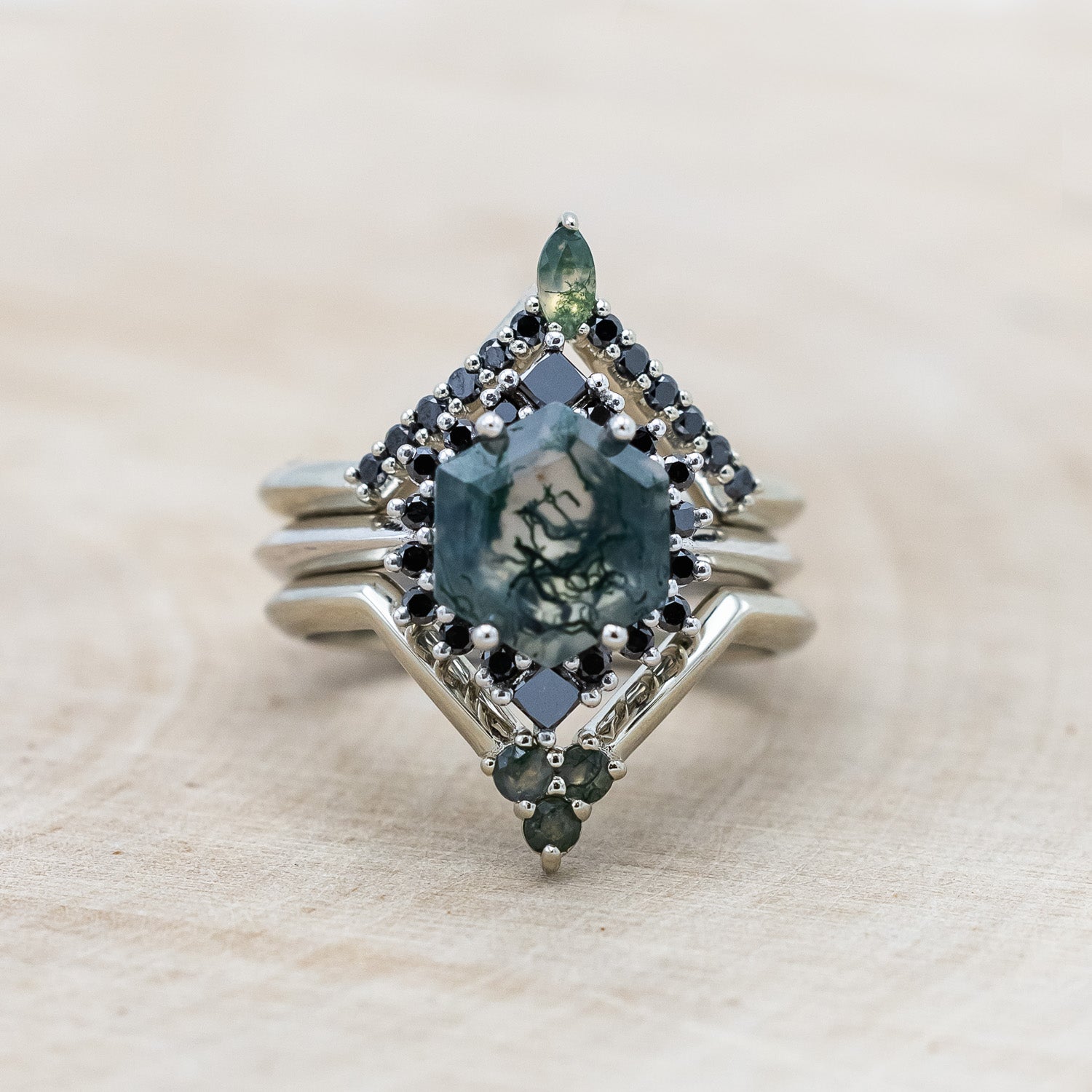 "NEREZZA" - BRIDAL SUITE - HEXAGON CUT MOSS AGATE ENGAGEMENT RING WITH BLACK DIAMOND ACCENTS & TRACERS-Staghead Designs