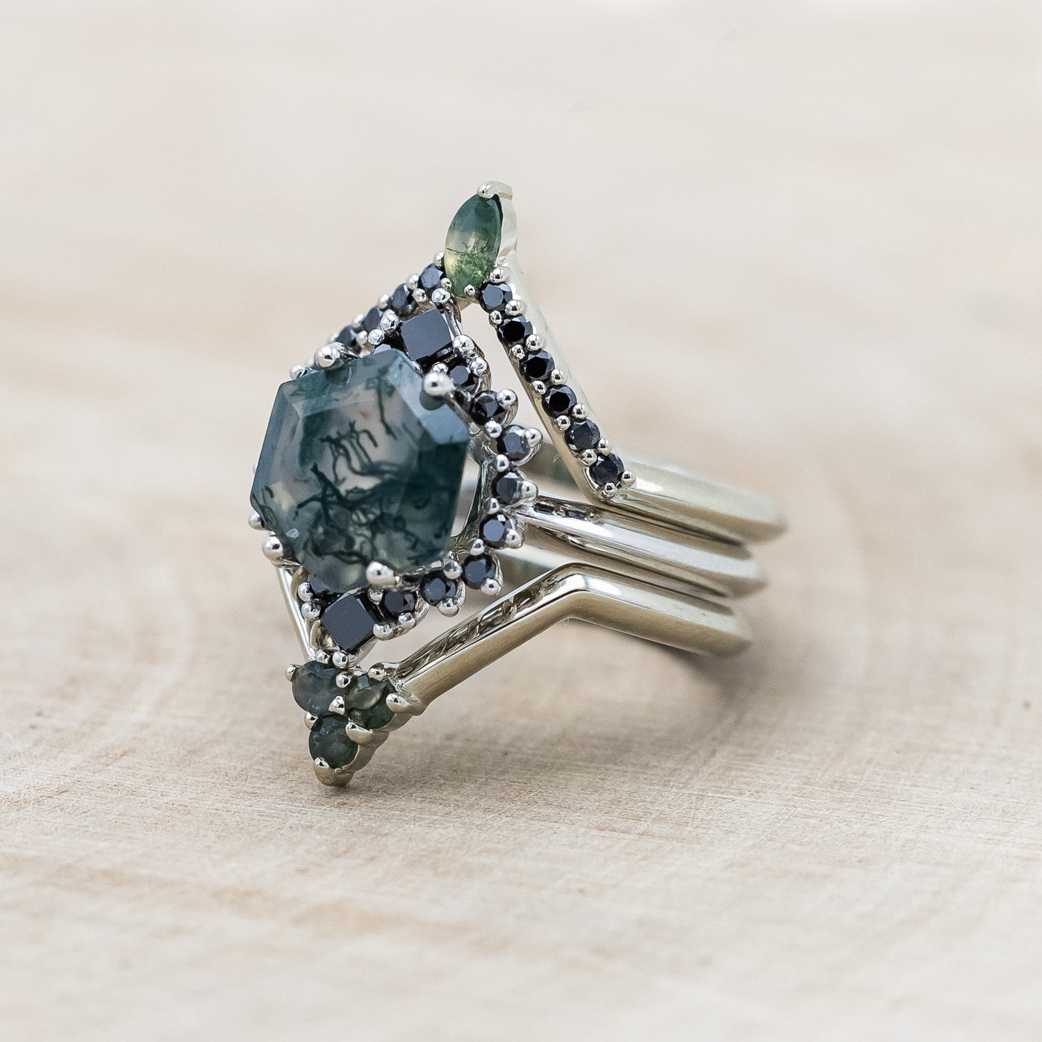 "NEREZZA" - BRIDAL SUITE - HEXAGON CUT MOSS AGATE ENGAGEMENT RING WITH BLACK DIAMOND ACCENTS & TRACERS-Staghead Designs