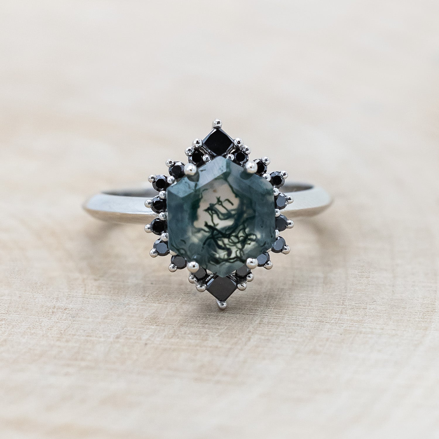 "NEREZZA" - BRIDAL SUITE - HEXAGON CUT MOSS AGATE ENGAGEMENT RING WITH BLACK DIAMOND ACCENTS & TRACERS-Staghead Designs