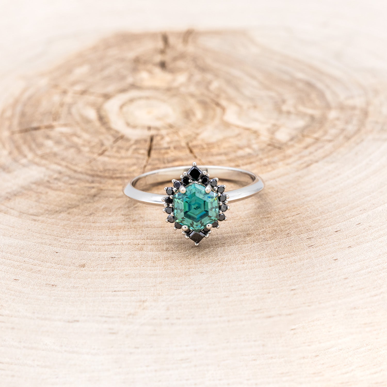 "NEREZZA" - HEXAGON CUT GREEN MOISSANITE ENGAGEMENT RING WITH A BLACK DIAMOND HALO-10