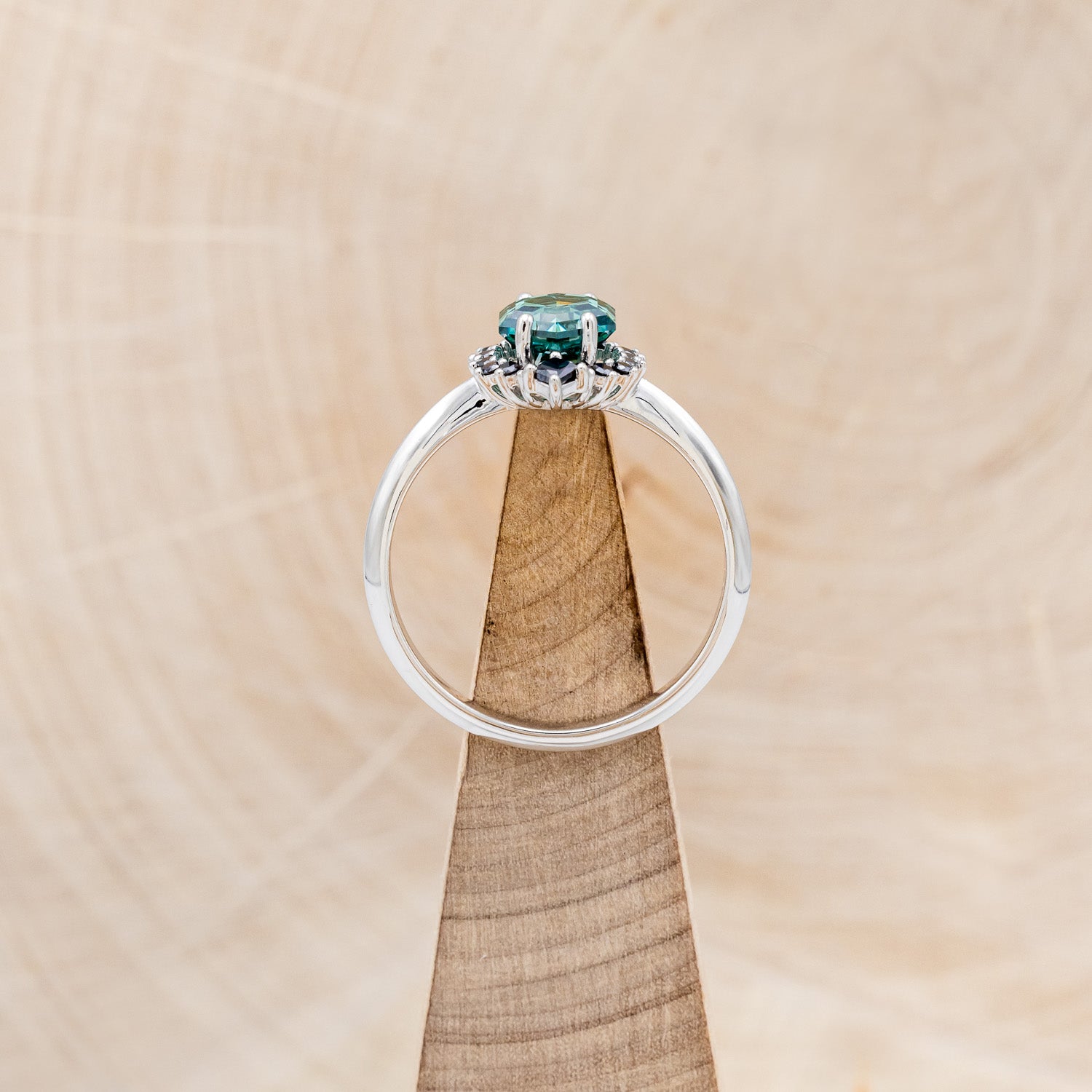 "NEREZZA" - HEXAGON CUT GREEN MOISSANITE ENGAGEMENT RING WITH A BLACK DIAMOND HALO-12