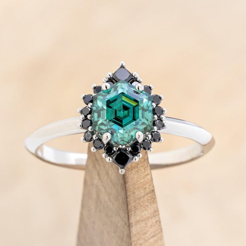 "NEREZZA" - HEXAGON CUT GREEN MOISSANITE ENGAGEMENT RING WITH A BLACK DIAMOND HALO-7