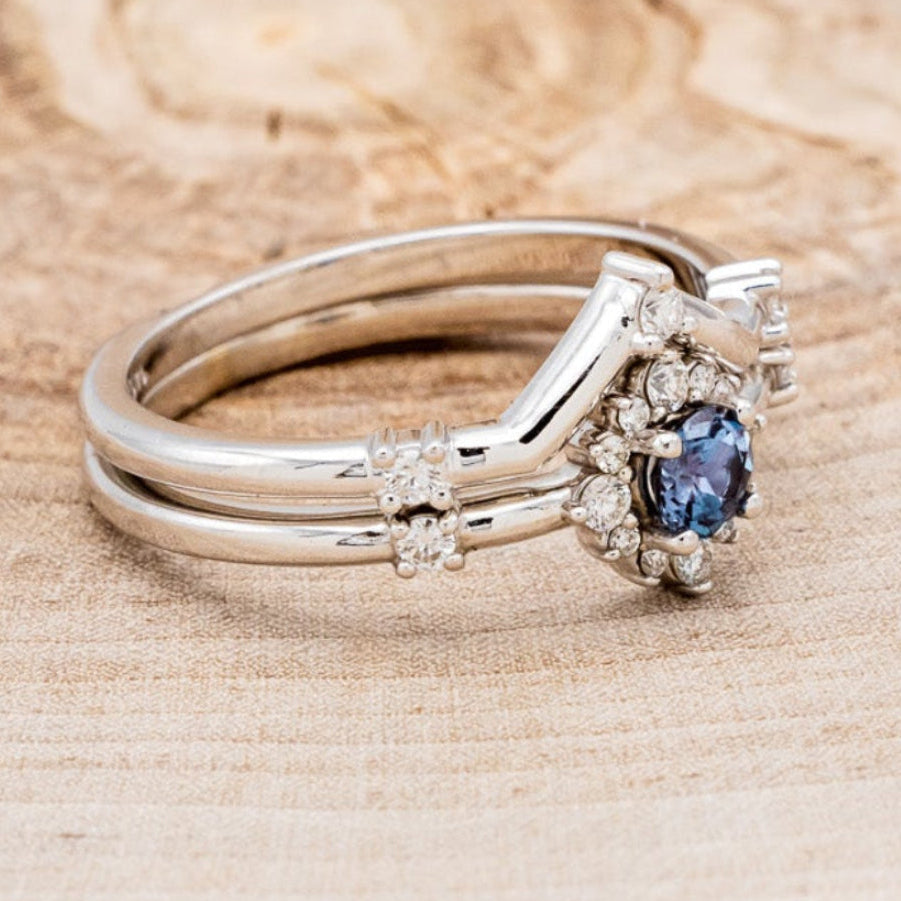 "STARLA" - ROUND CUT LAB-GROWN ALEXANDRITE ENGAGEMENT RING WITH STARBURST DIAMOND HALO & TRACER-2