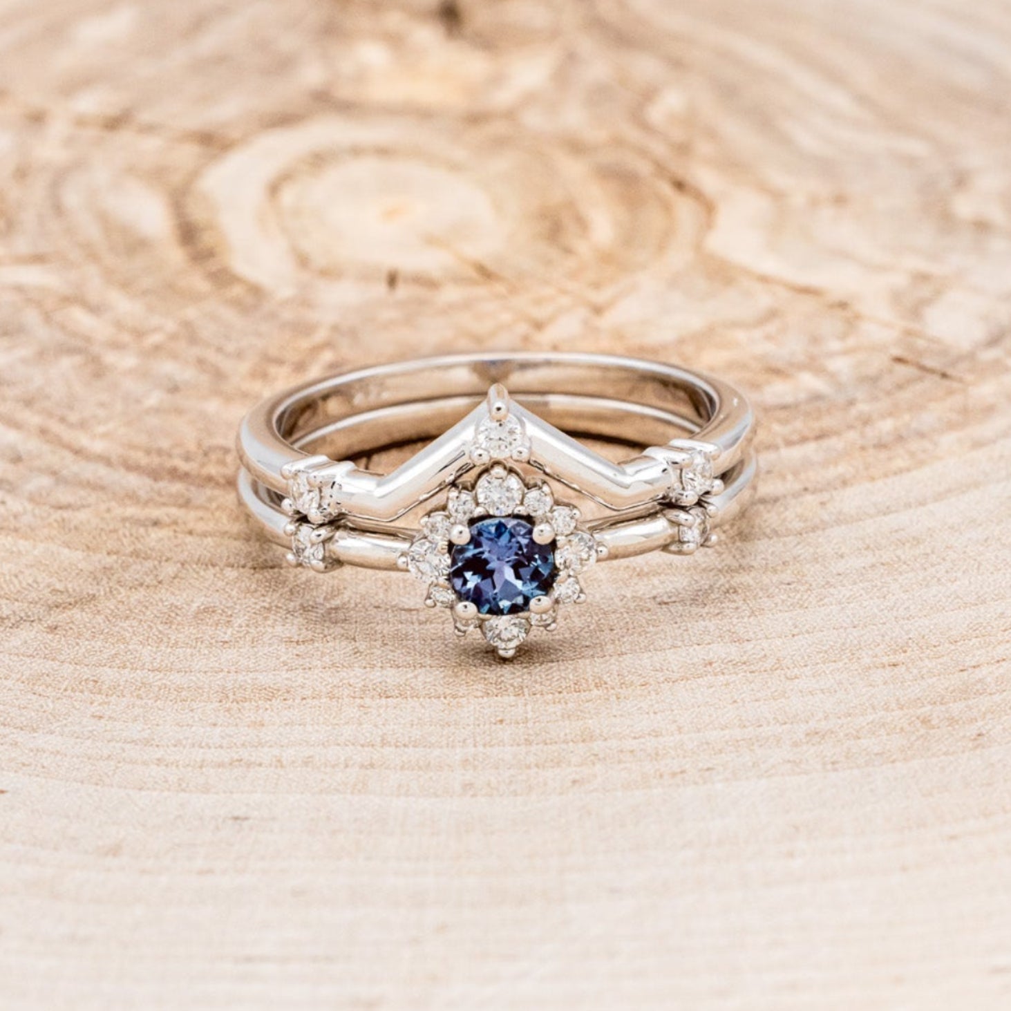 "STARLA" - ROUND CUT LAB-GROWN ALEXANDRITE ENGAGEMENT RING WITH STARBURST DIAMOND HALO & TRACER-4
