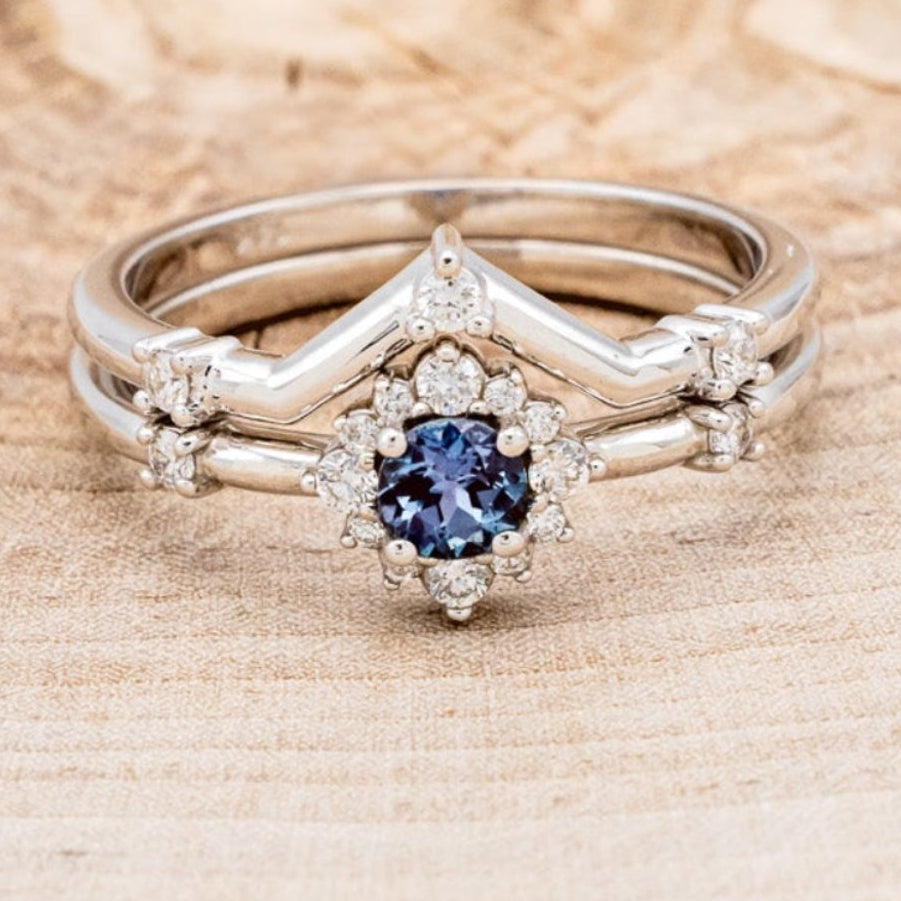 "STARLA" - ROUND CUT LAB-GROWN ALEXANDRITE ENGAGEMENT RING WITH STARBURST DIAMOND HALO & TRACER-4