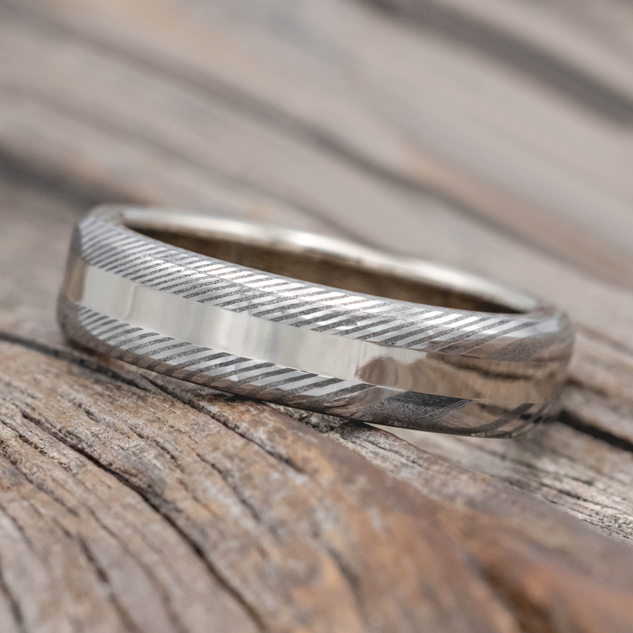 "NIRVANA" - ETCHED DAMASCUS STEEL & 14K GOLD INLAY WEDDING BAND-Staghead Designs