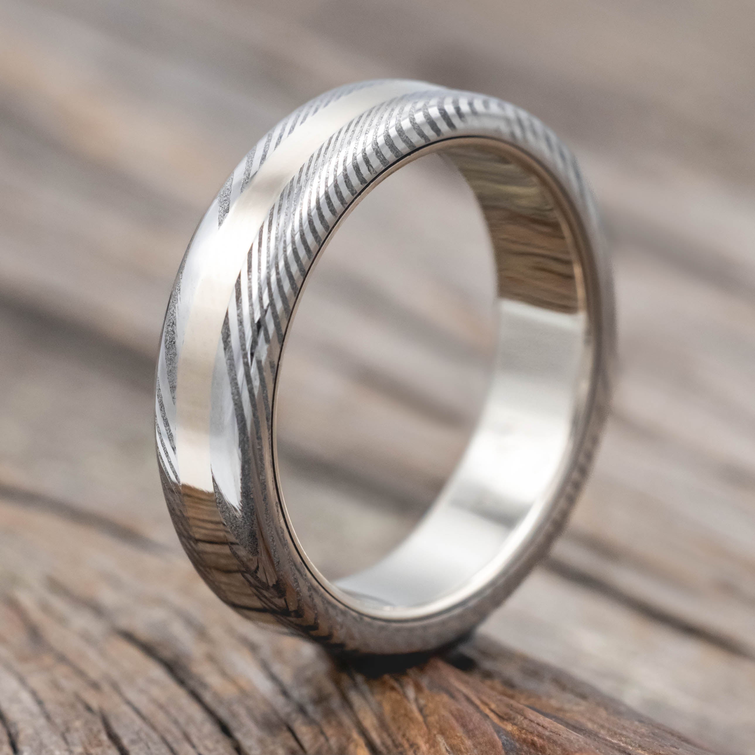"NIRVANA" - ETCHED DAMASCUS STEEL & 14K GOLD INLAY WEDDING BAND-Staghead Designs