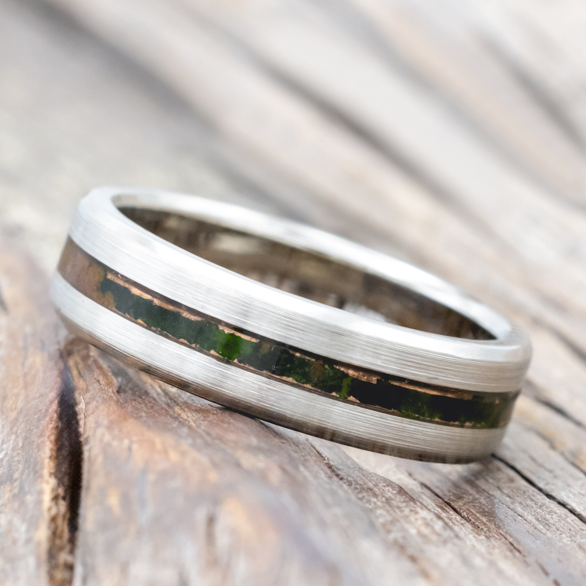 "NIRVANA" - CENTERED MOSSY PATINA COPPER WEDDING RING ON A BRUSHED BAND-Staghead Designs