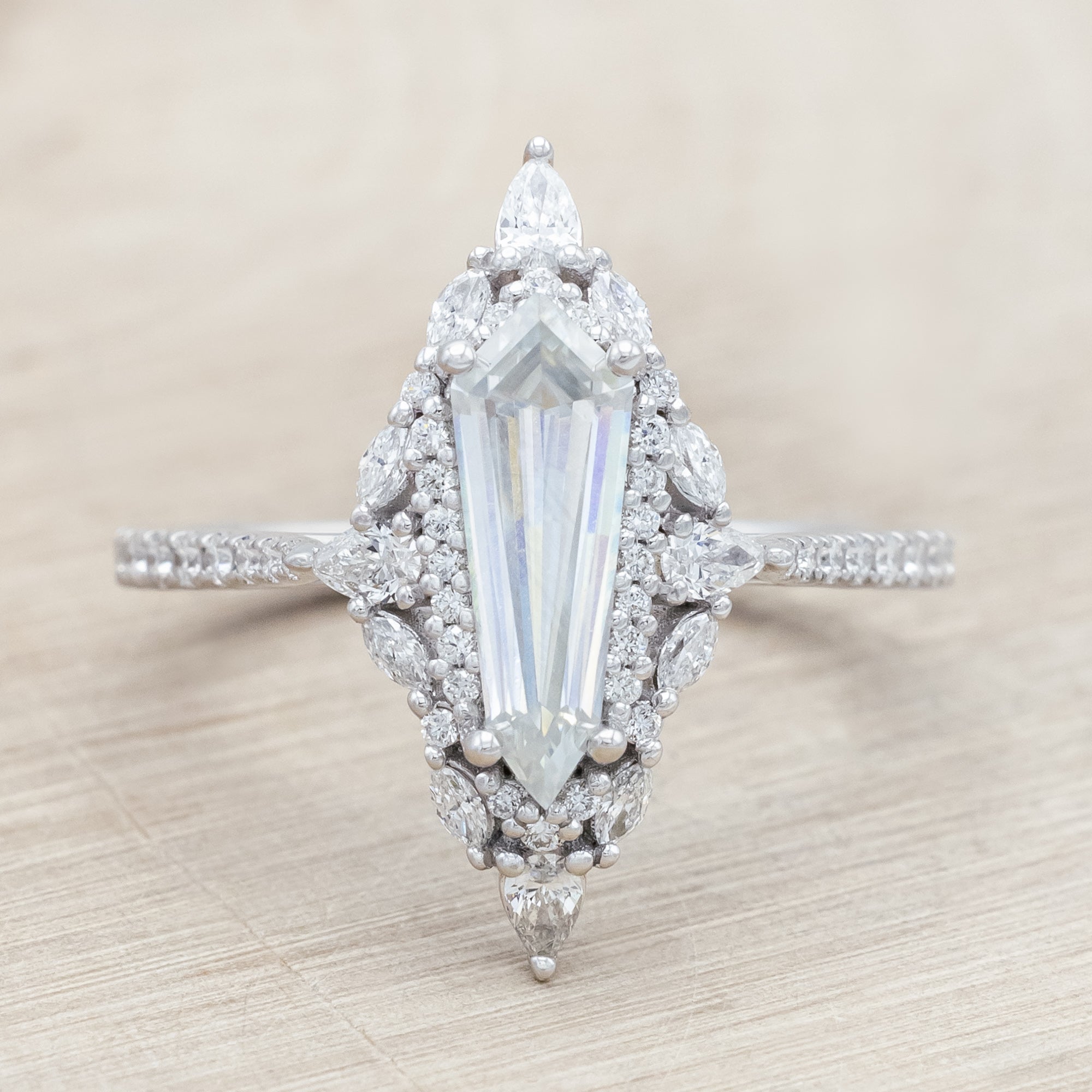 "NORTH STAR" - DAGGER CUT MOISSANITE ENGAGEMENT RING WITH DIAMOND HALO & ACCENTS-Staghead Designs