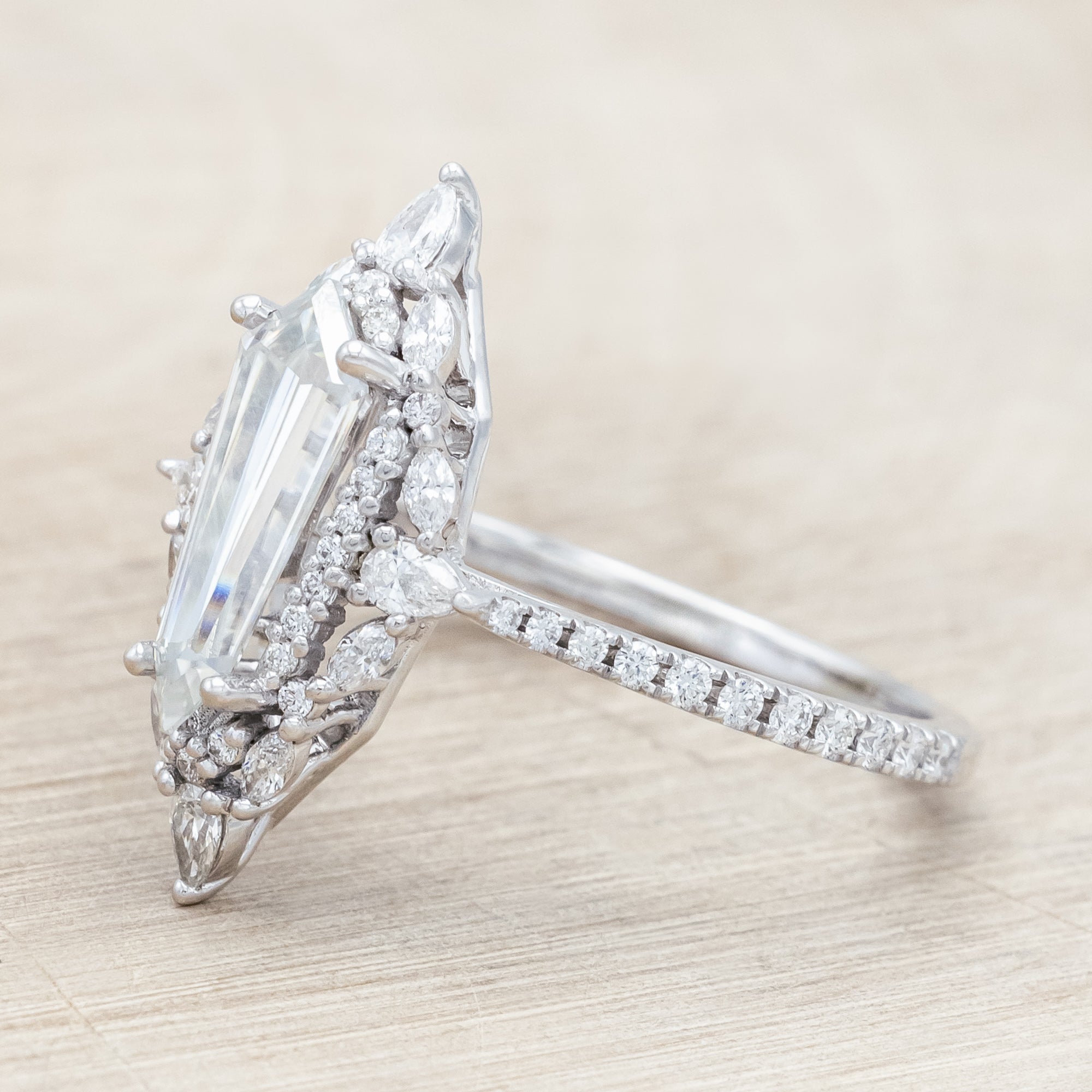 "NORTH STAR" - DAGGER CUT MOISSANITE ENGAGEMENT RING WITH DIAMOND HALO & ACCENTS-Staghead Designs