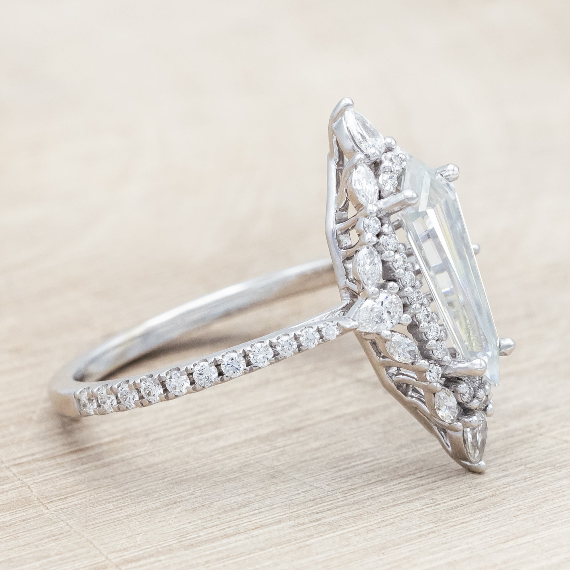 "NORTH STAR" - DAGGER CUT MOISSANITE ENGAGEMENT RING WITH DIAMOND HALO & ACCENTS-Staghead Designs