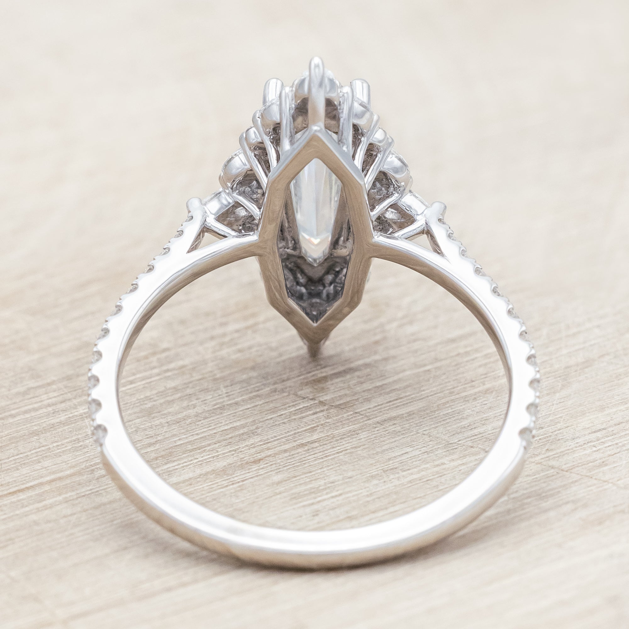 "NORTH STAR" - DAGGER CUT MOISSANITE ENGAGEMENT RING WITH DIAMOND HALO & ACCENTS-Staghead Designs